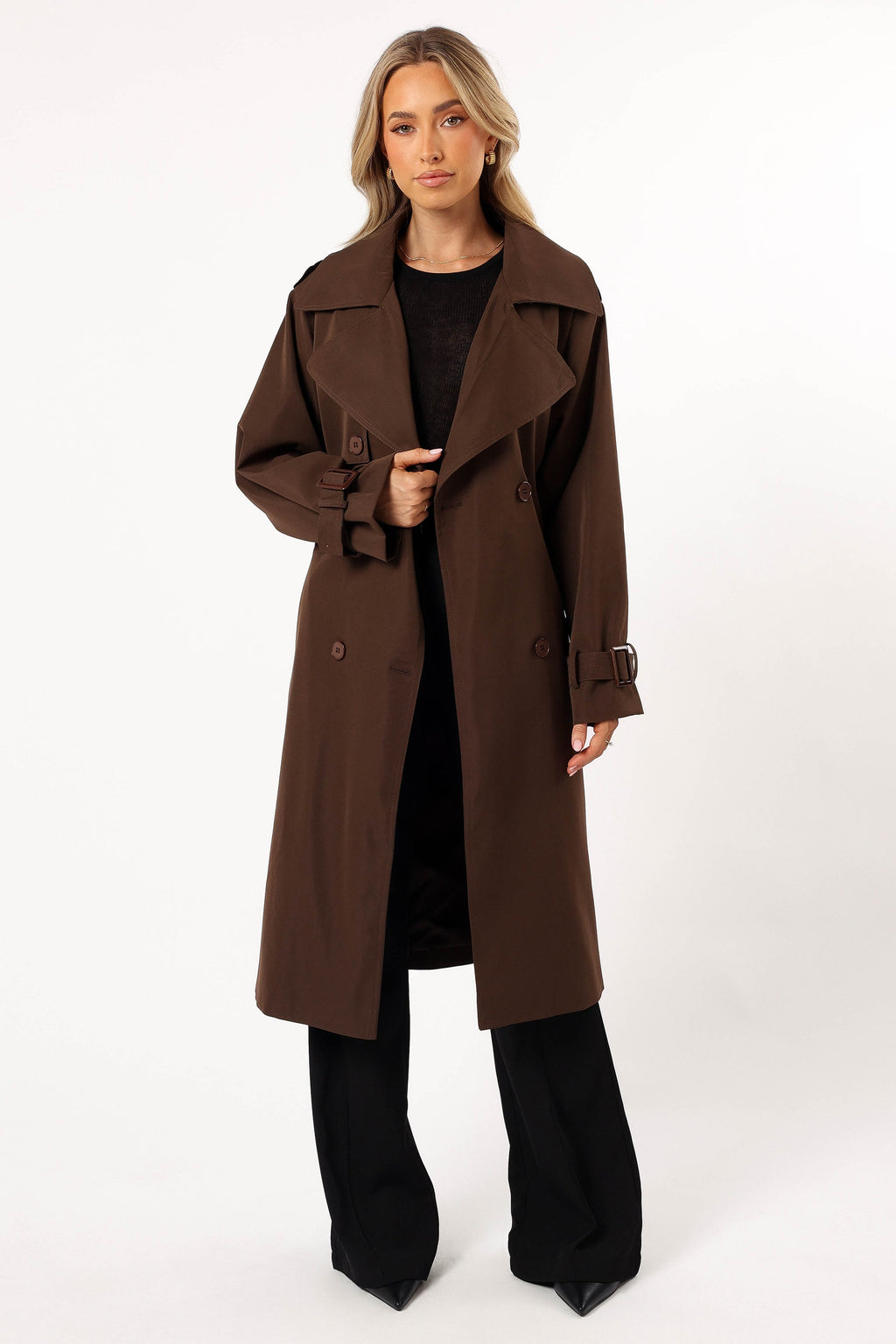 Button Front Trench Coat - Chocolate Brown