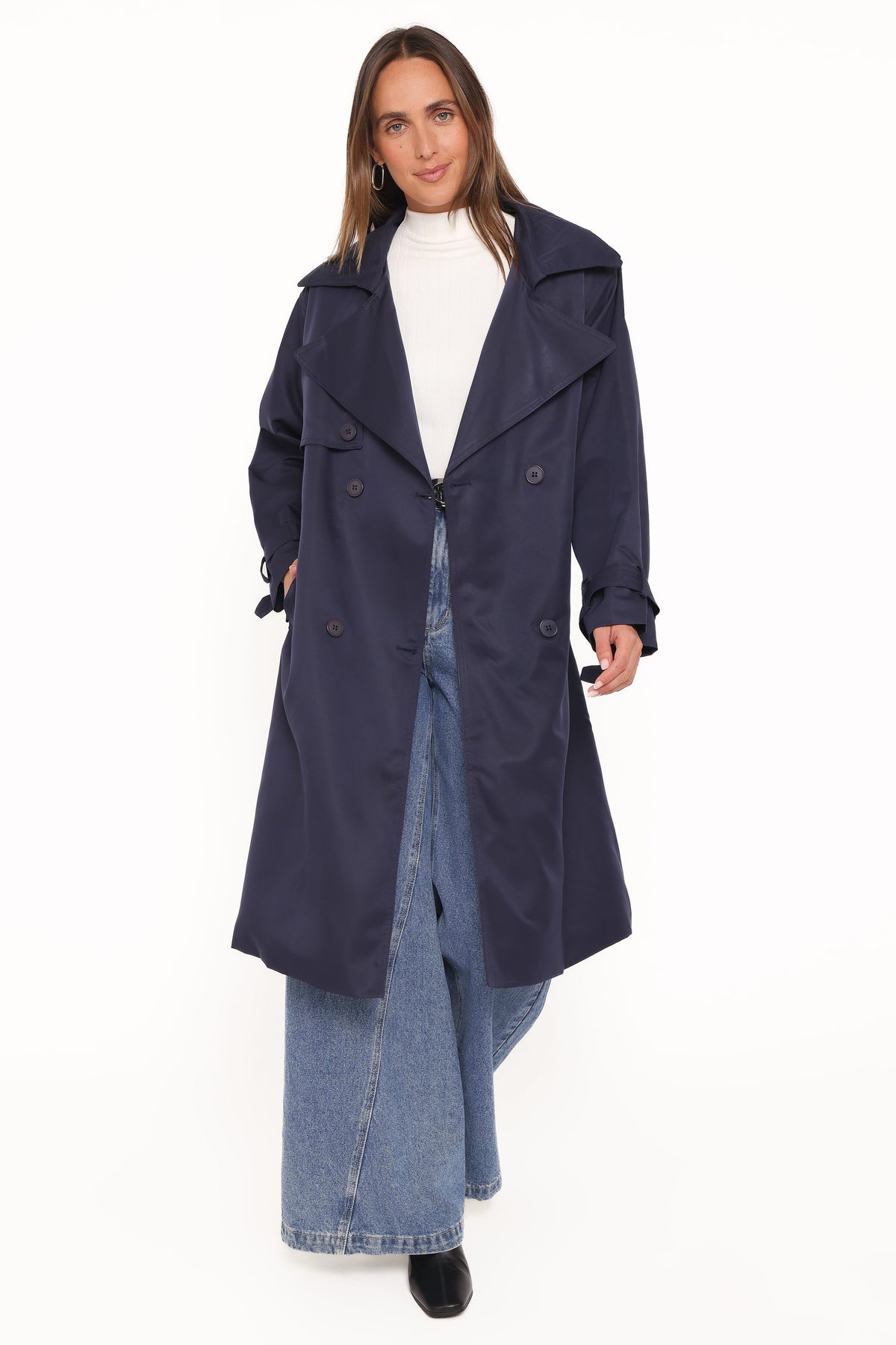 Button Front Trench Coat - Navy