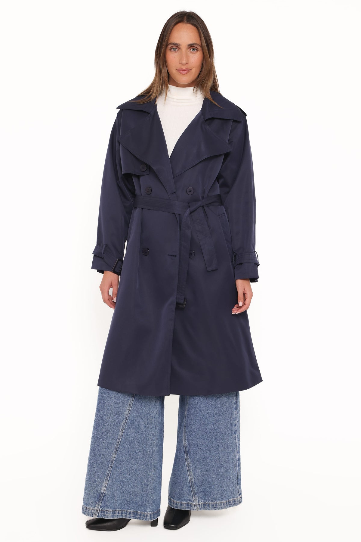 Button Front Trench Coat - Navy