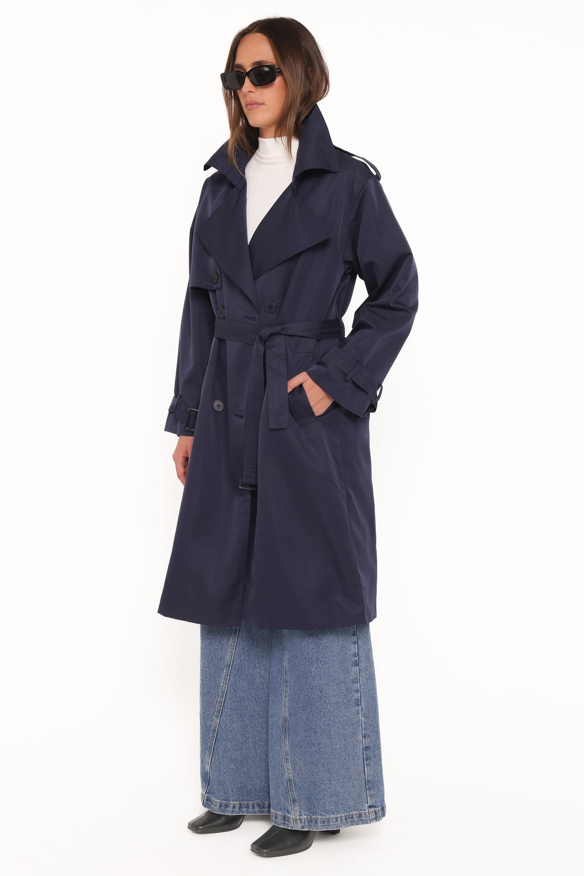 Button Front Trench Coat - Navy