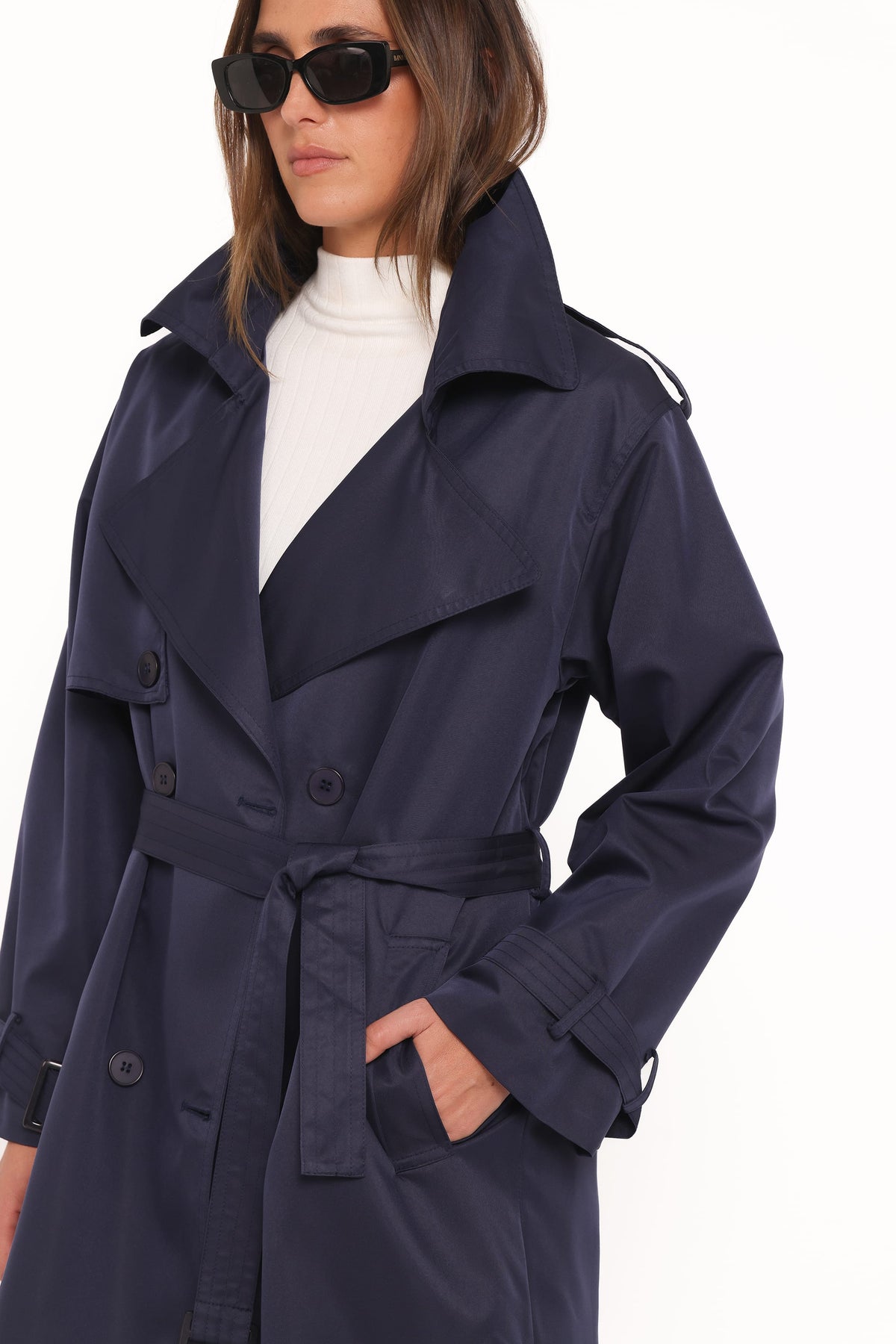 Button Front Trench Coat - Navy