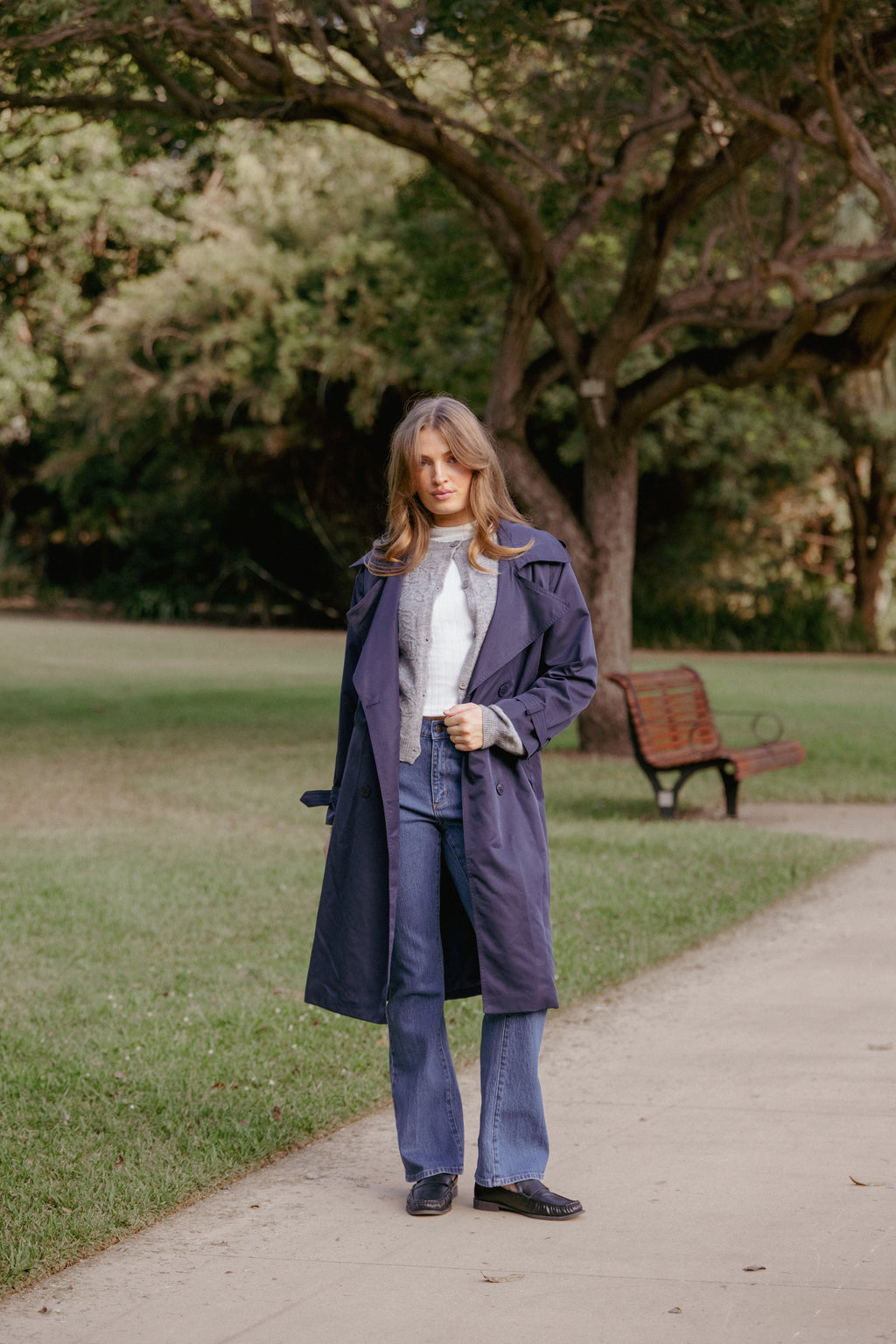 Button Front Trench Coat - Navy