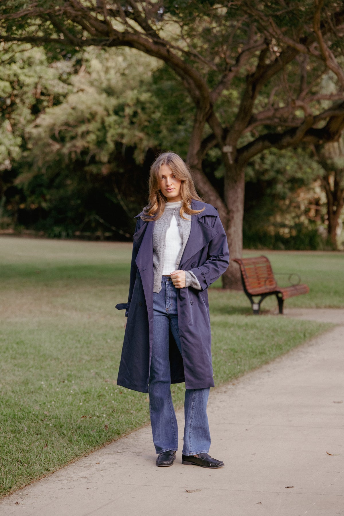 Button Front Trench Coat - Navy