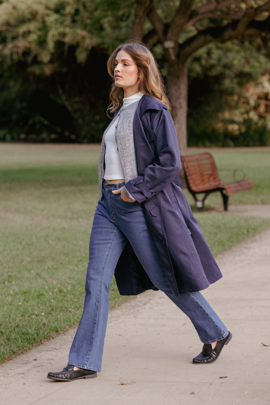 Button Front Trench Coat - Navy