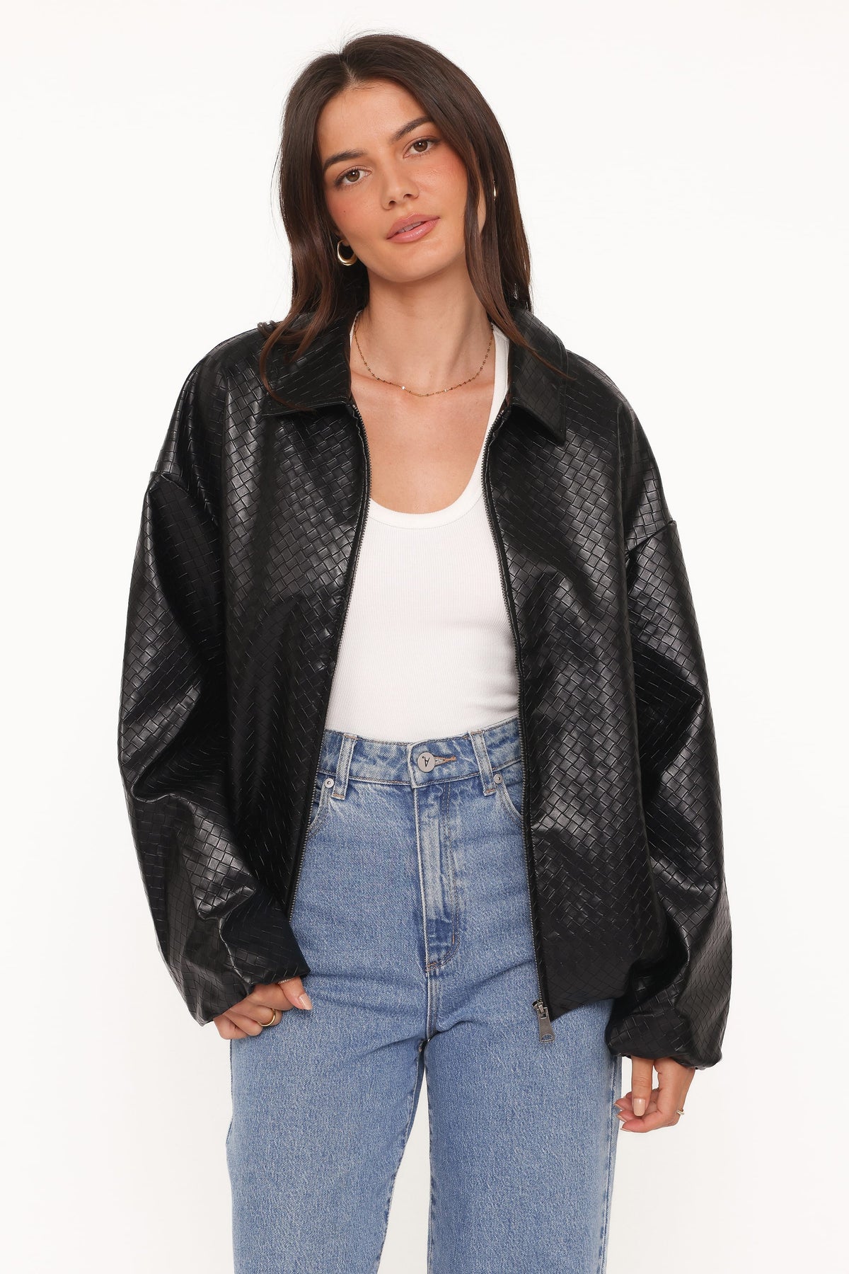 Faux Leather Bomber Jacket - Black