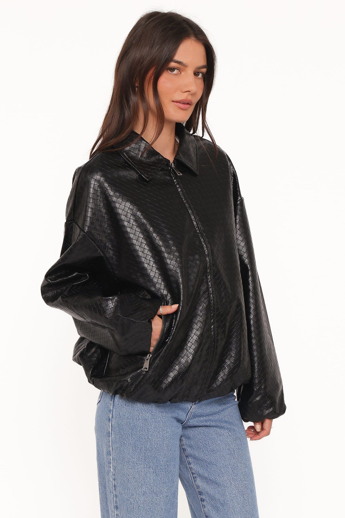 Faux Leather Bomber Jacket - Black