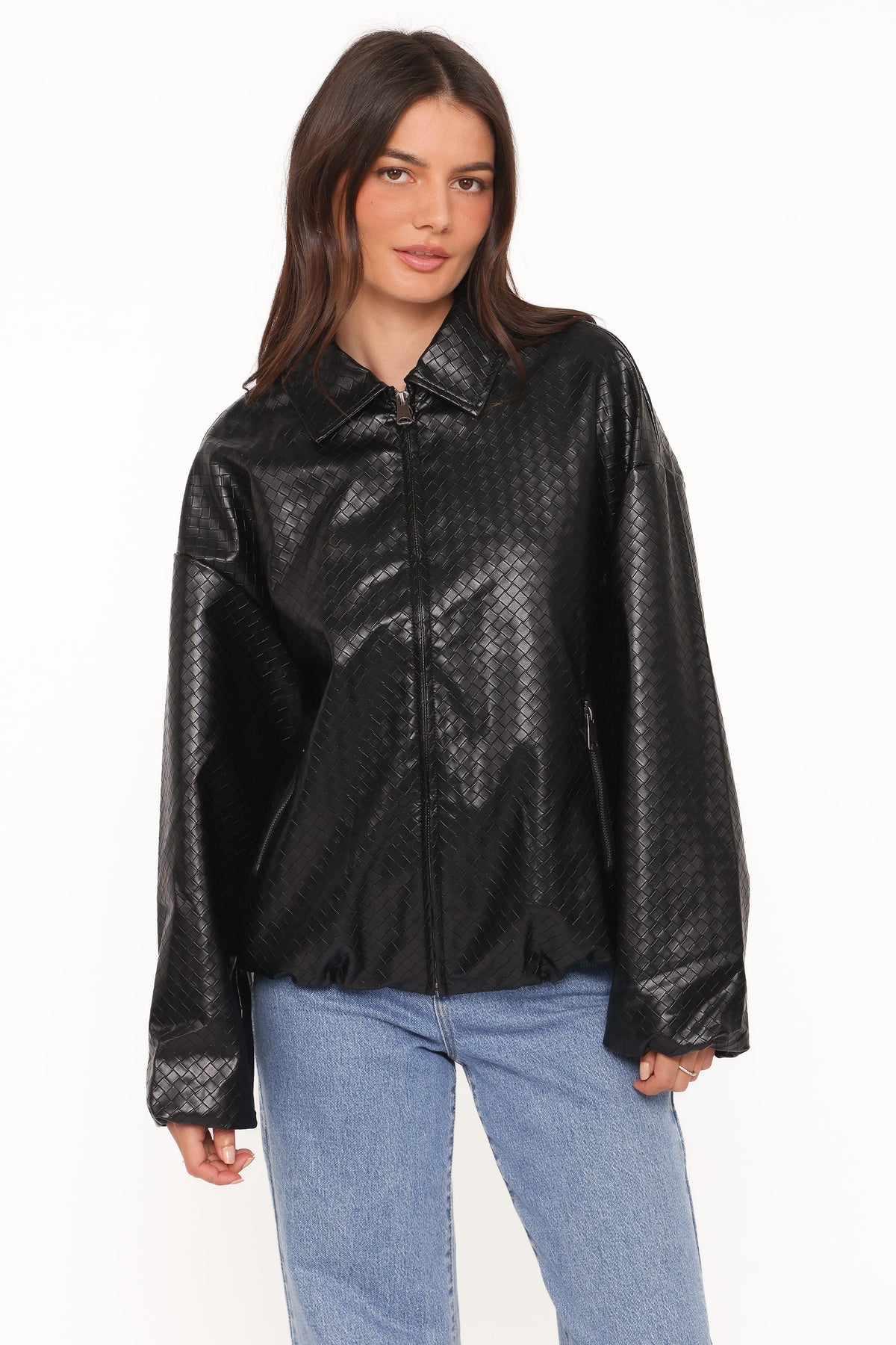 Faux Leather Bomber Jacket - Black