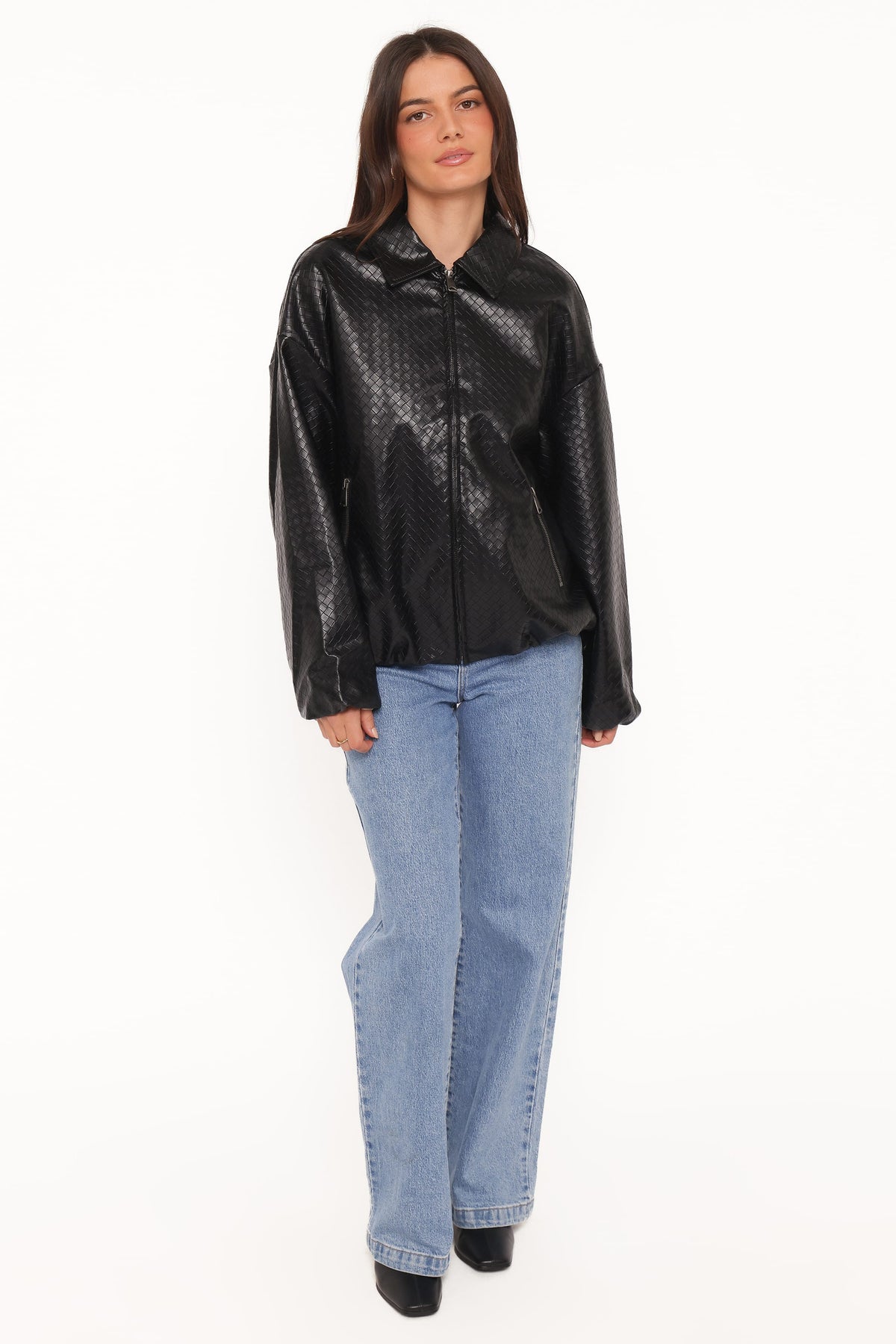 Faux Leather Bomber Jacket - Black