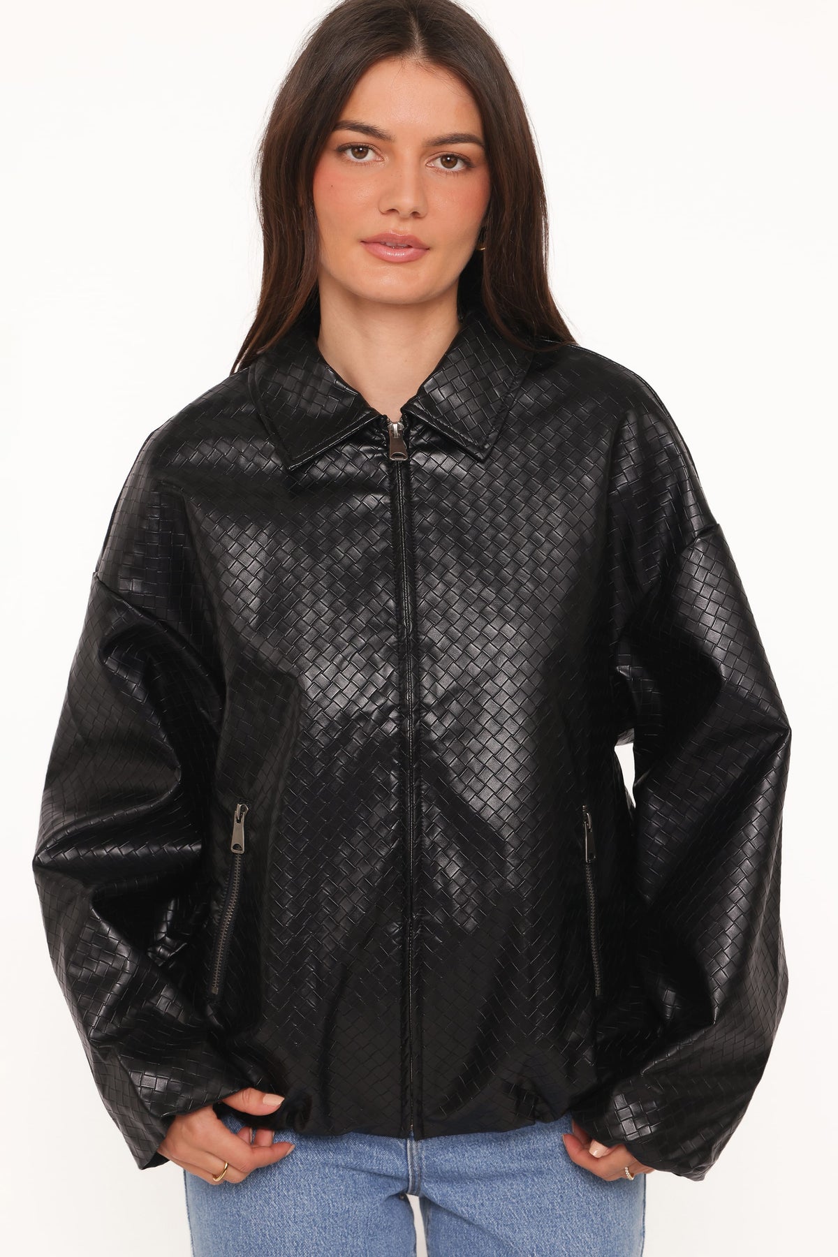Faux Leather Bomber Jacket - Black