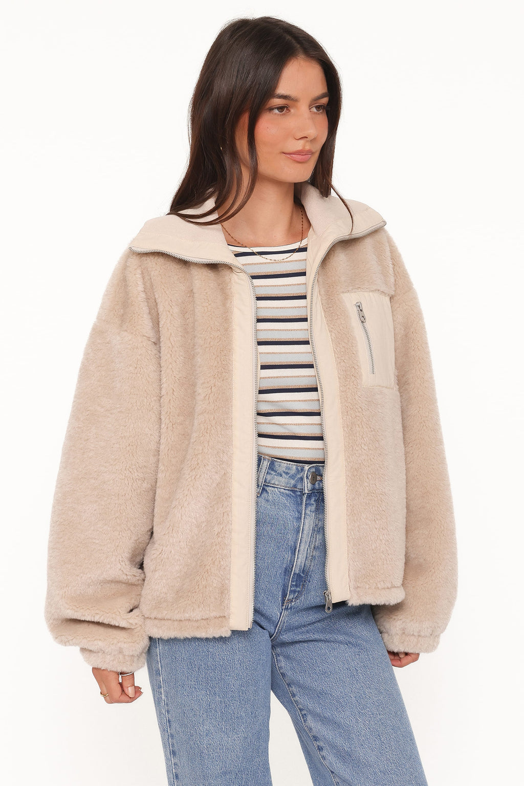Sherpa Zip Up Jacket - Beige