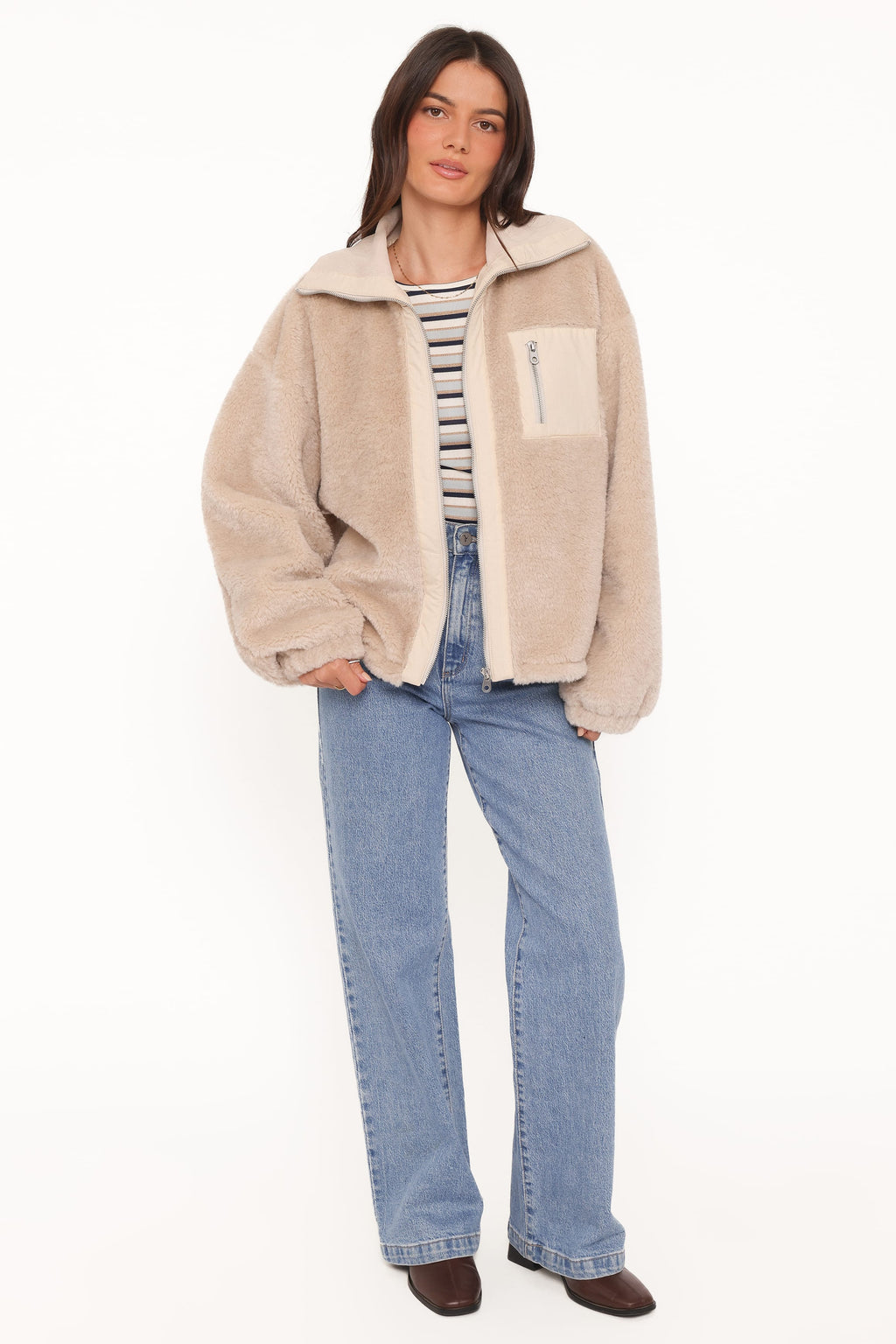 Sherpa Zip Up Jacket - Beige