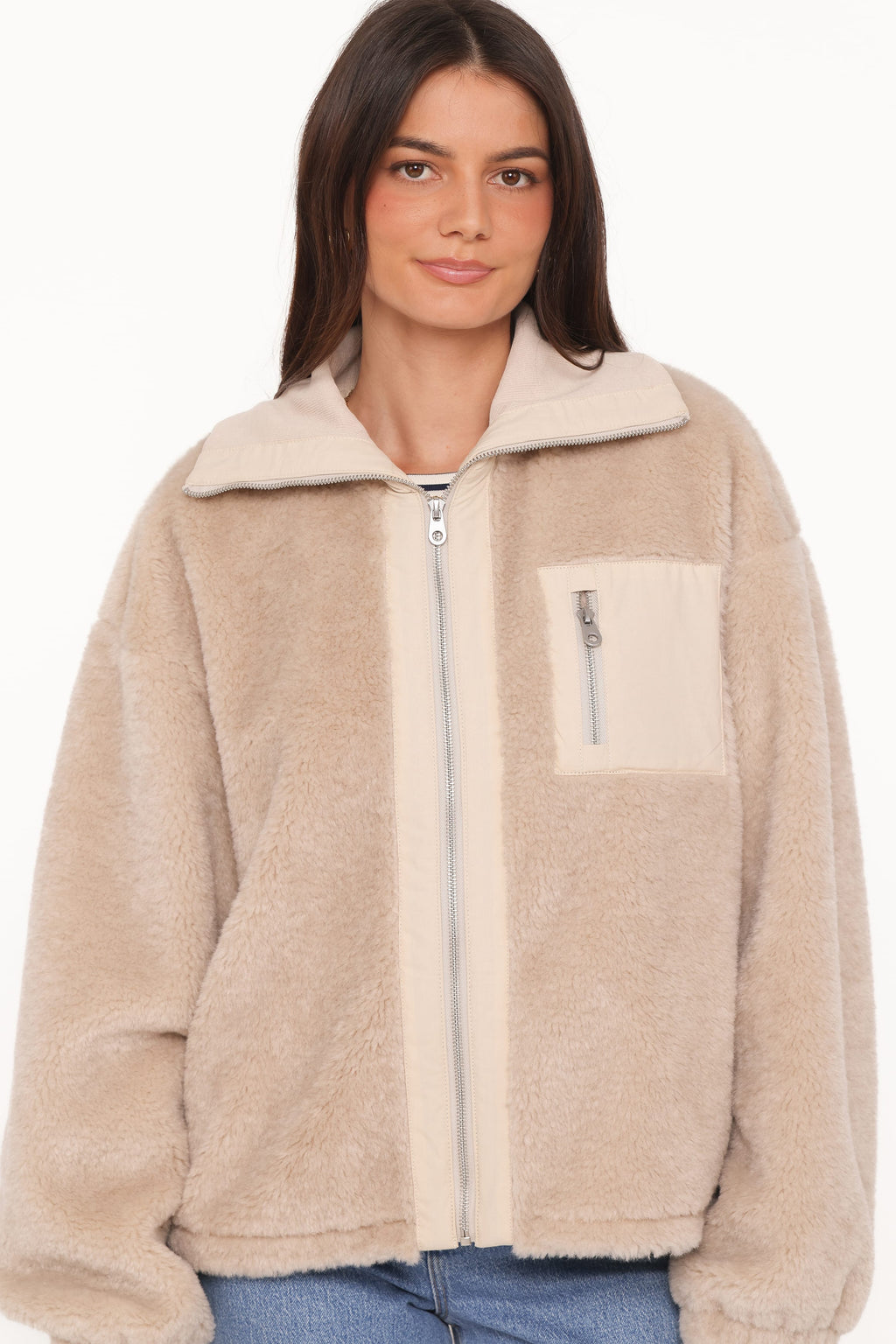 Sherpa Zip Up Jacket - Beige