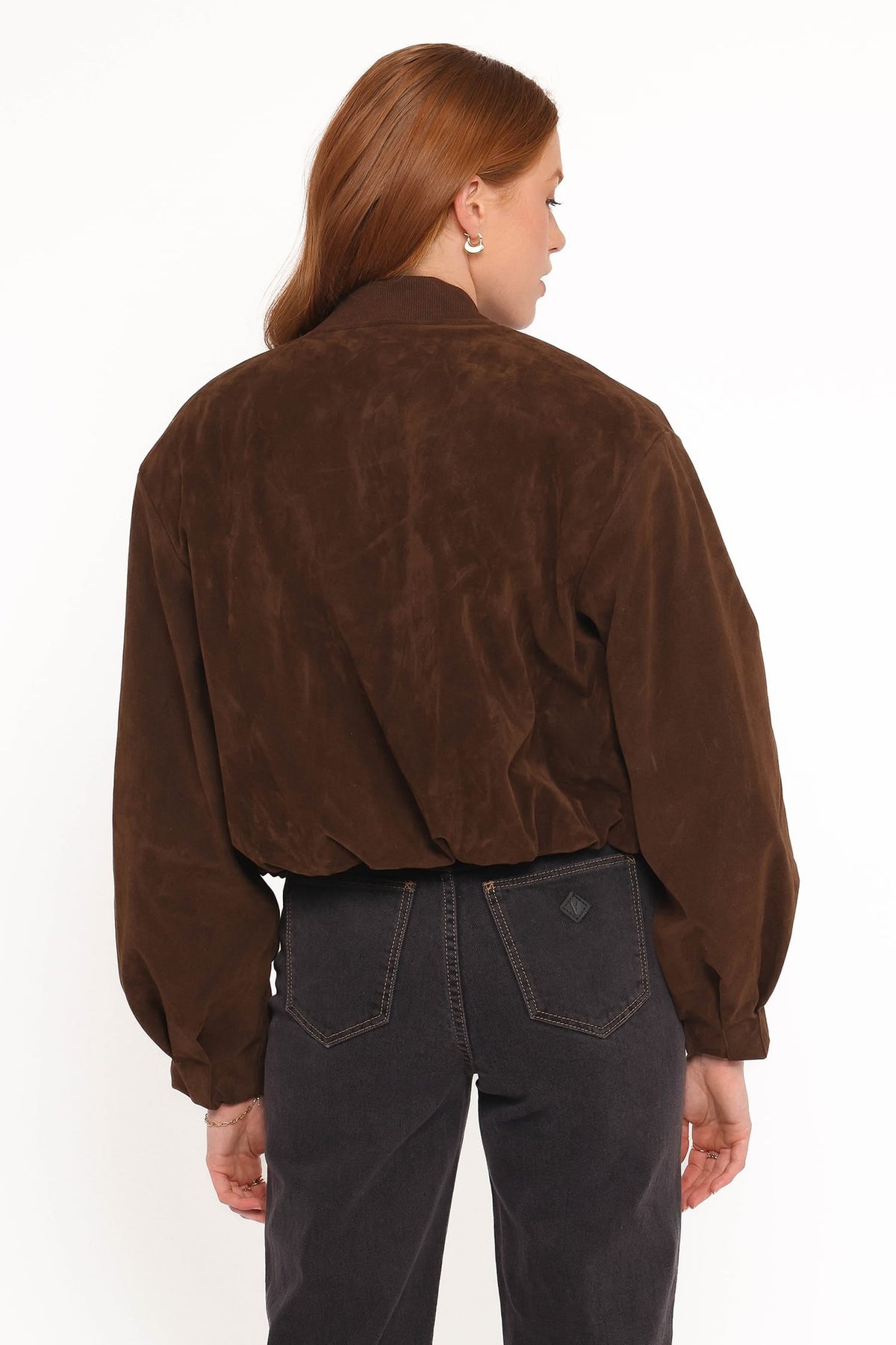 Faux Suede Bomber Jacket - Brown