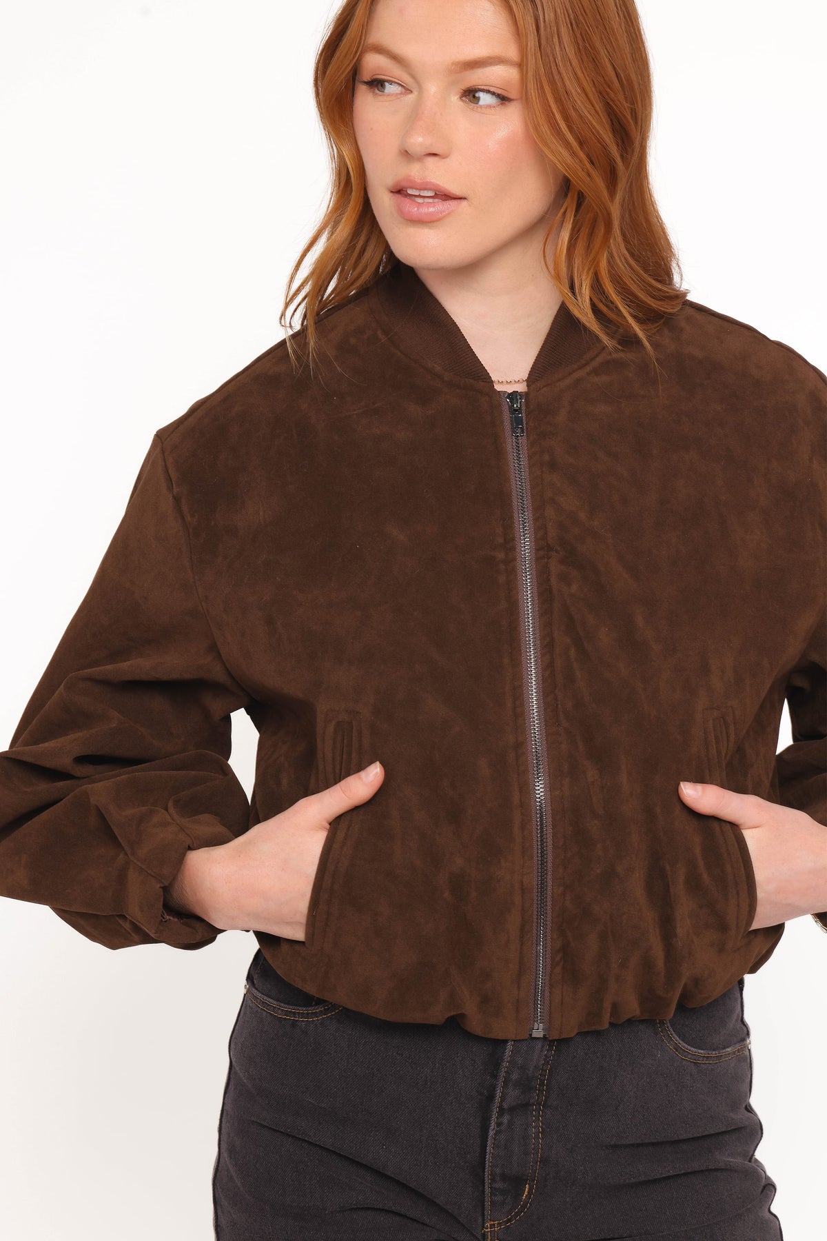 Faux Suede Bomber Jacket - Brown