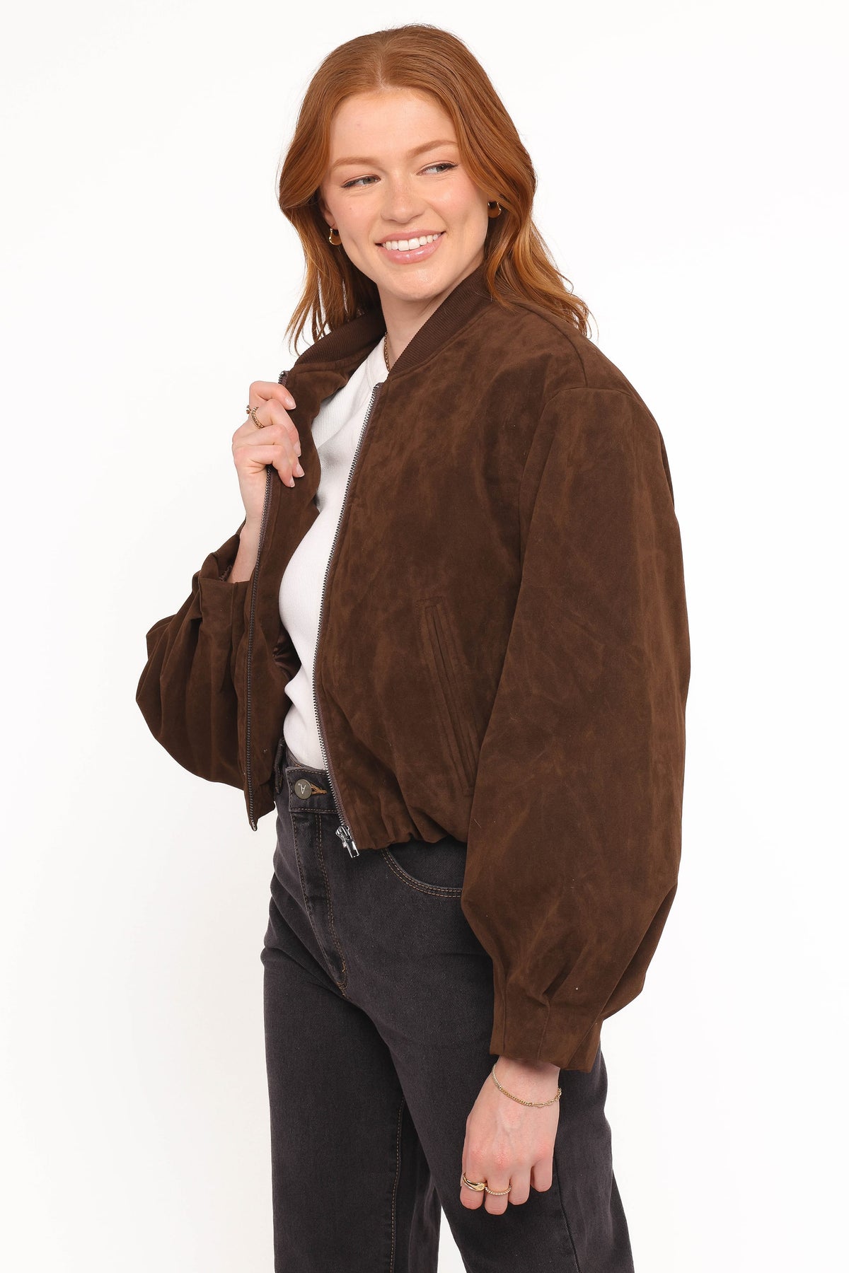 Faux Suede Bomber Jacket - Brown