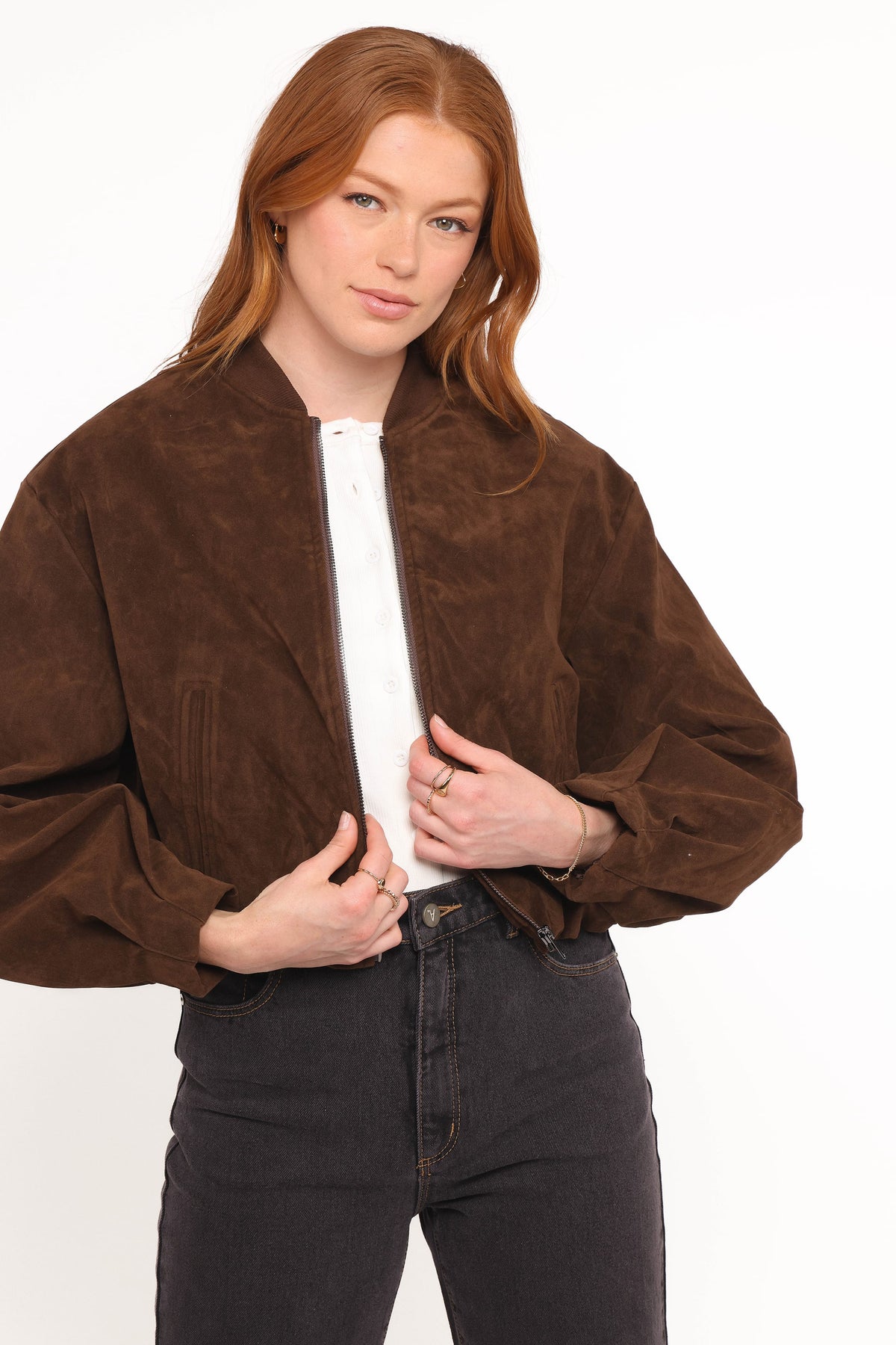 Faux Suede Bomber Jacket - Brown