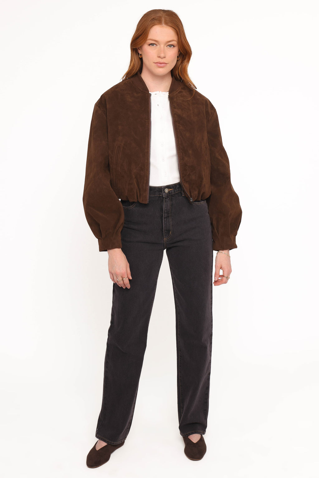 Faux Suede Bomber Jacket - Brown