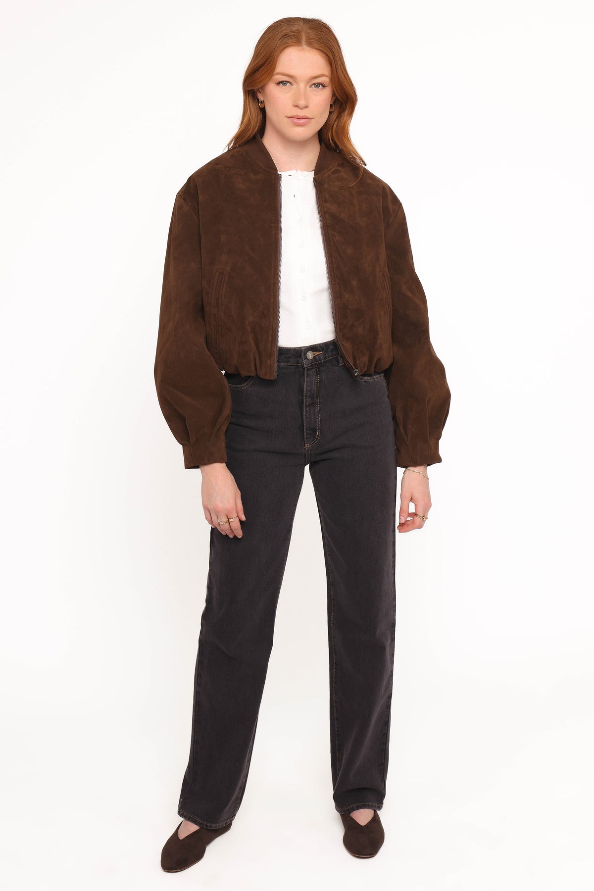 Faux Suede Bomber Jacket - Brown