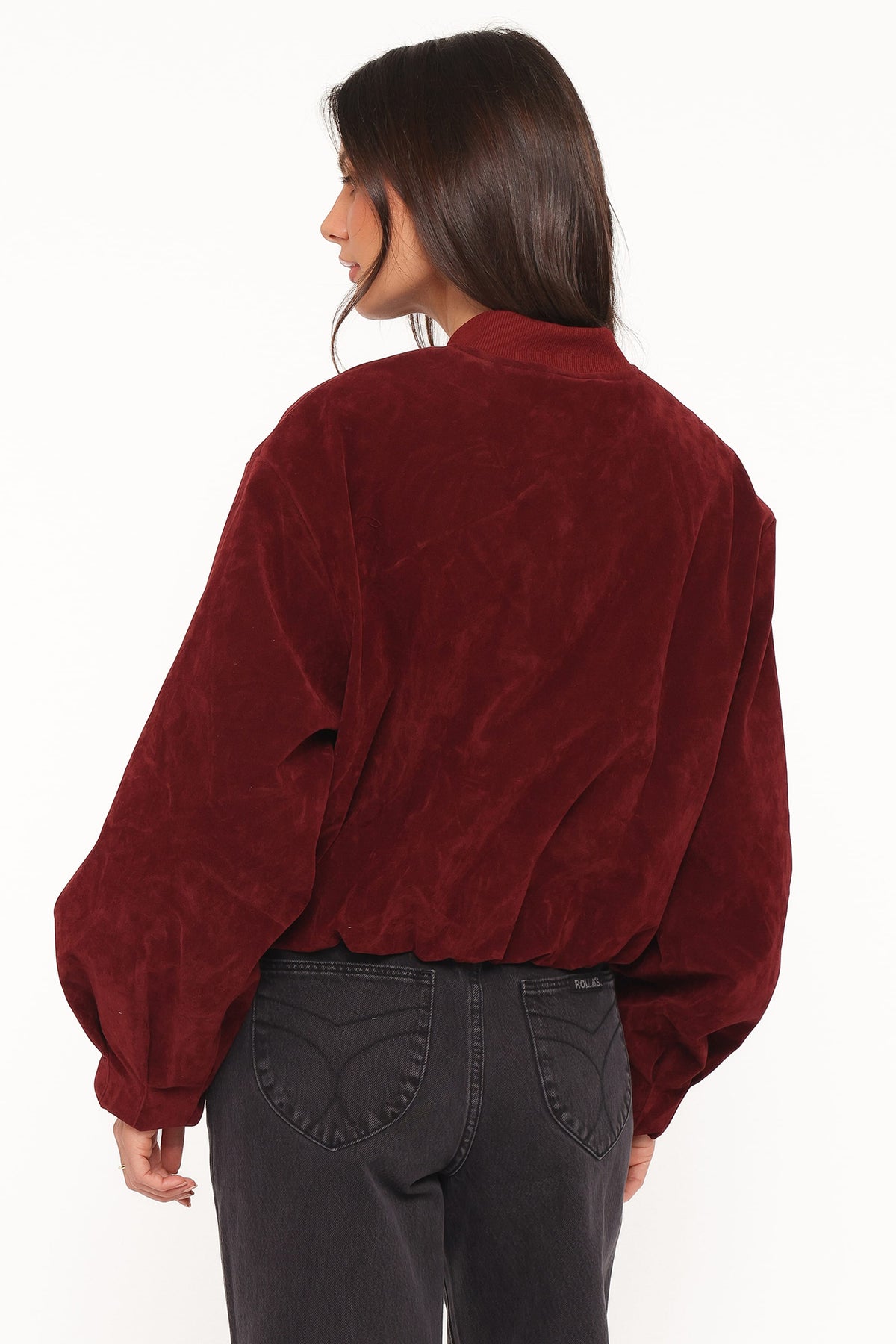 Faux Suede Bomber Jacket - Burgundy