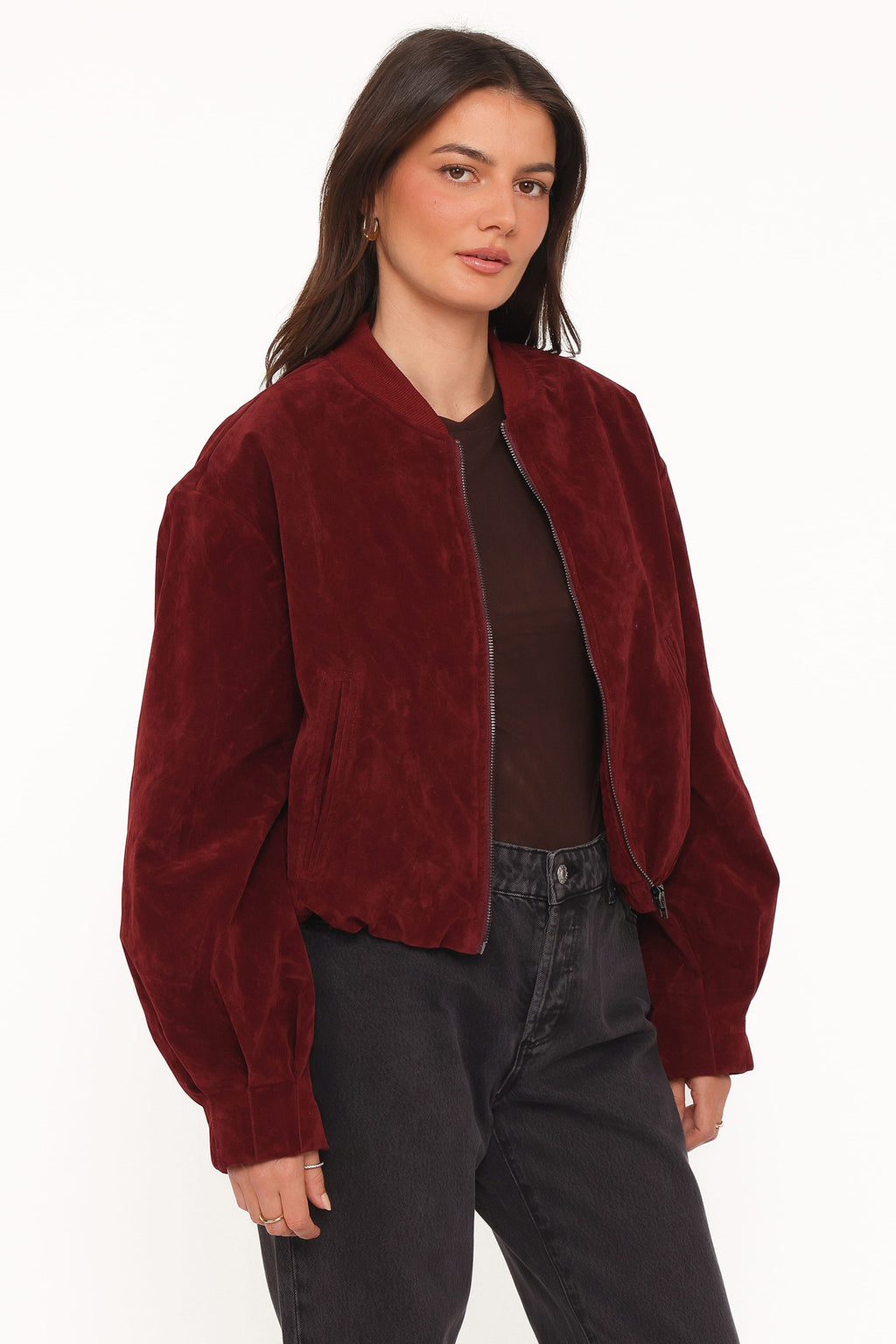 Faux Suede Bomber Jacket - Burgundy