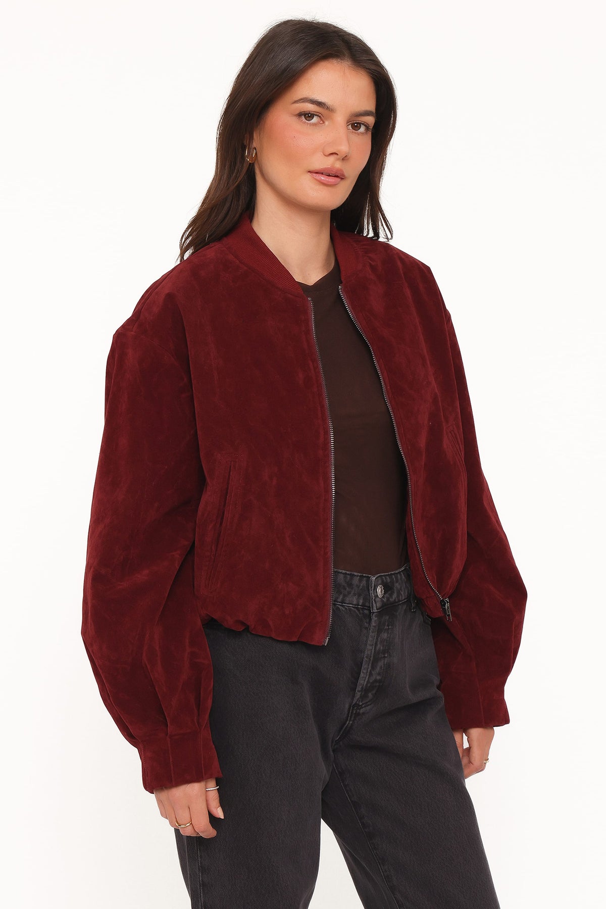 Faux Suede Bomber Jacket - Burgundy