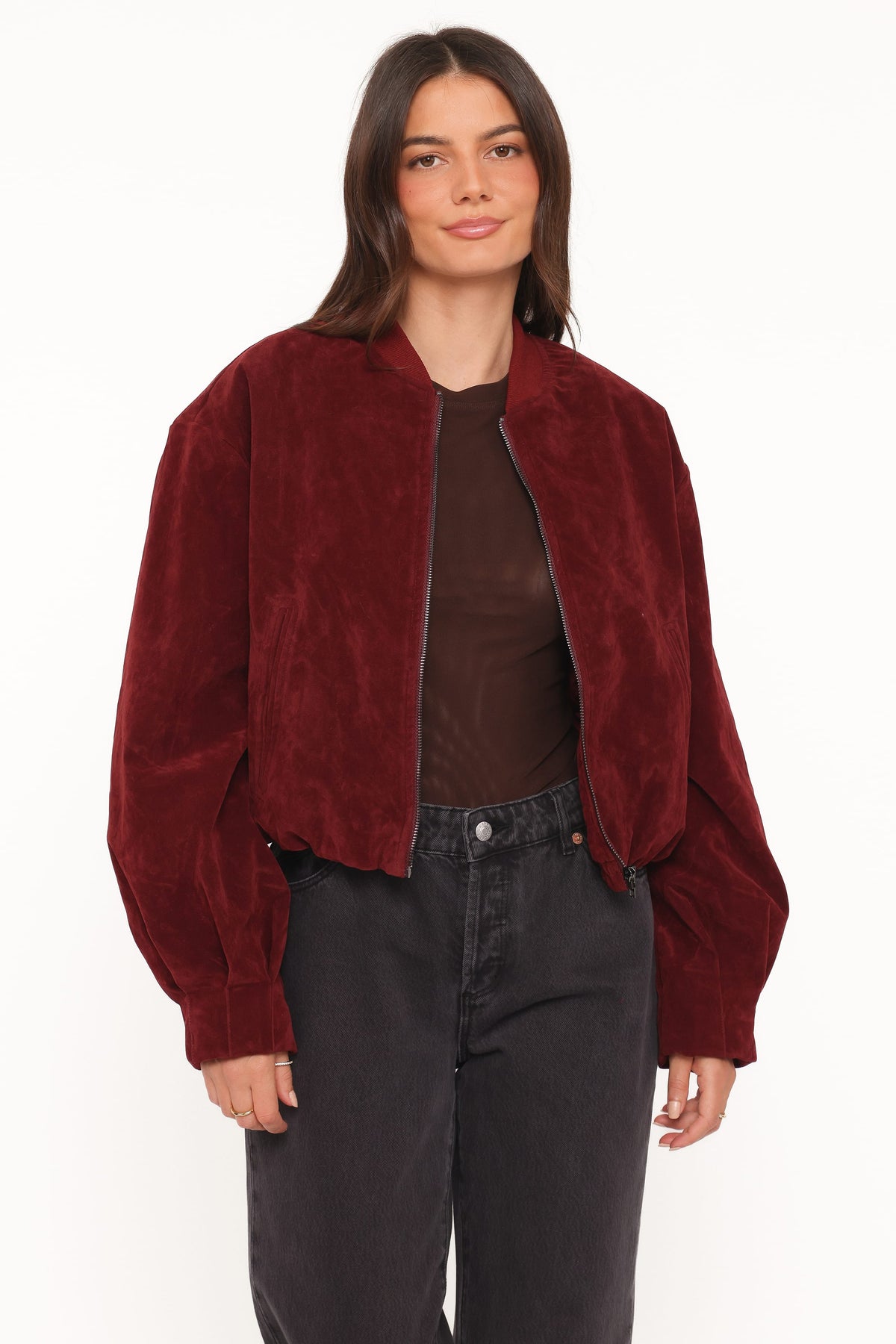 Faux Suede Bomber Jacket - Burgundy
