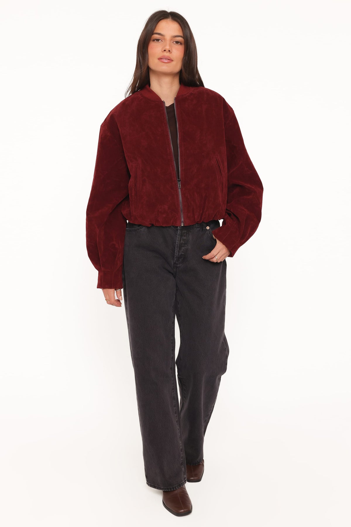 Faux Suede Bomber Jacket - Burgundy