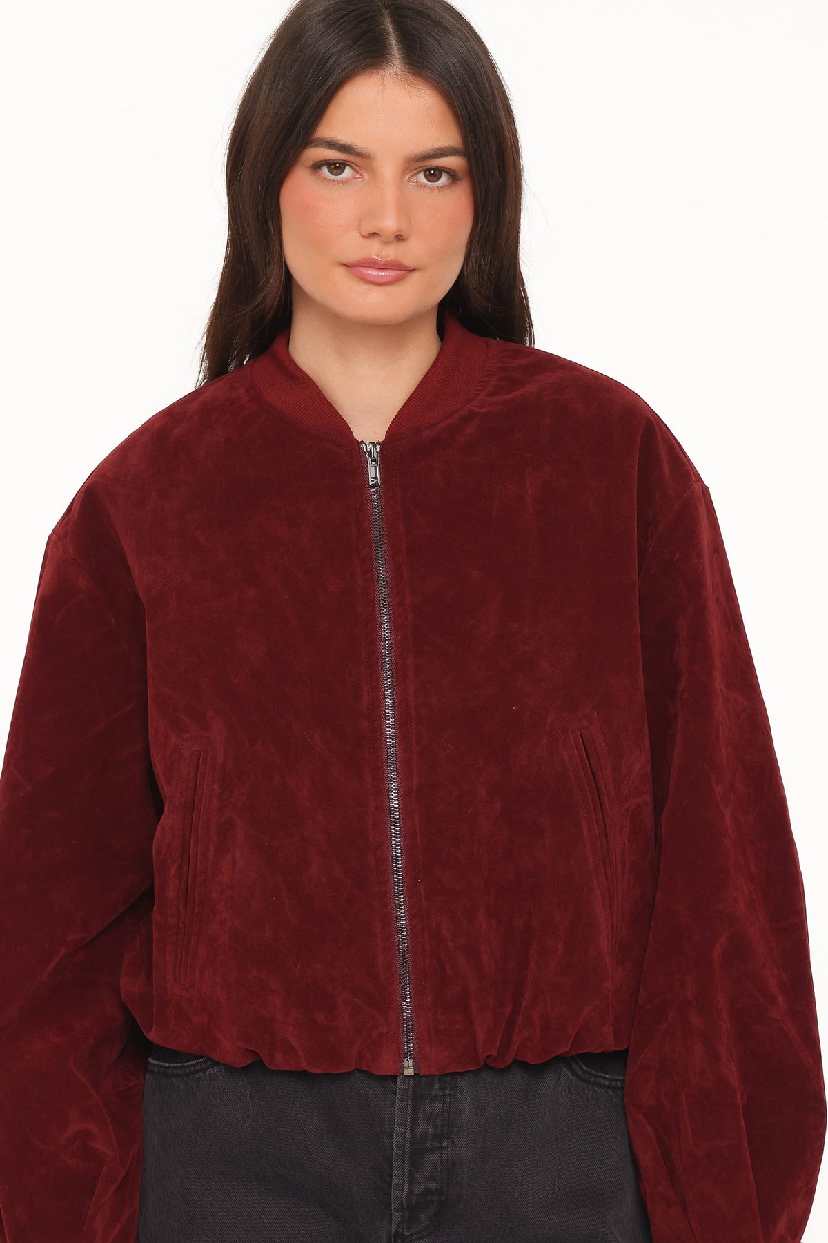 Faux Suede Bomber Jacket - Burgundy
