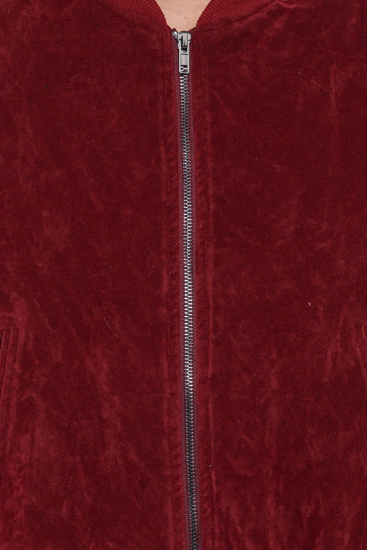 Faux Suede Bomber Jacket - Burgundy