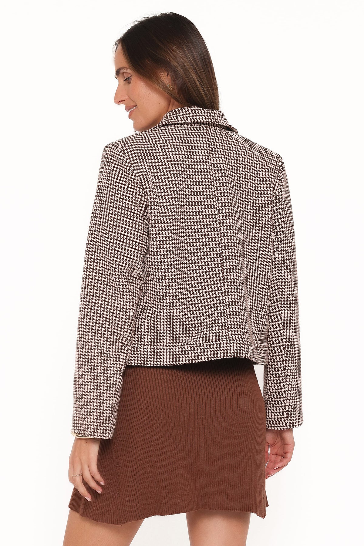 Crop Trucker Jacket - Brown Houndstooth