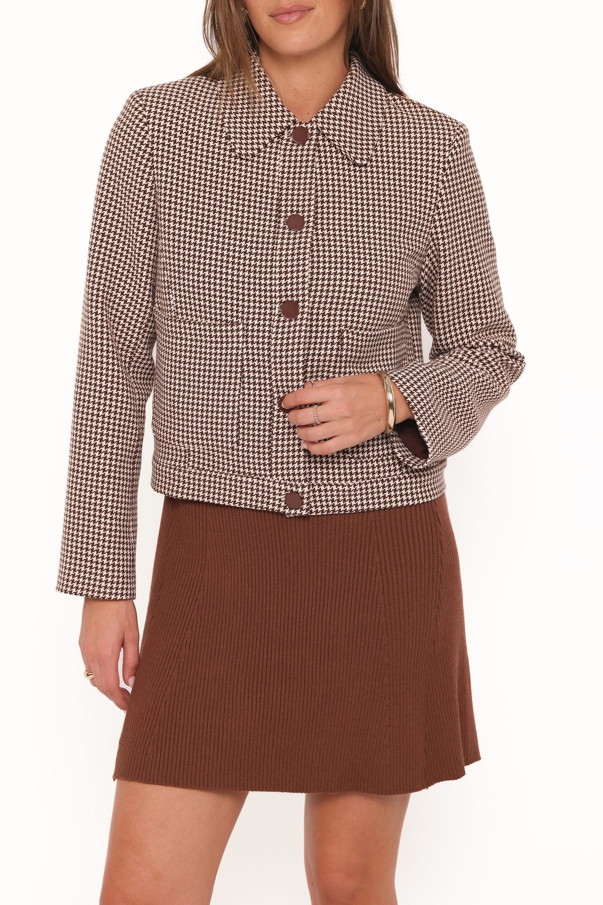 Crop Trucker Jacket - Brown Houndstooth
