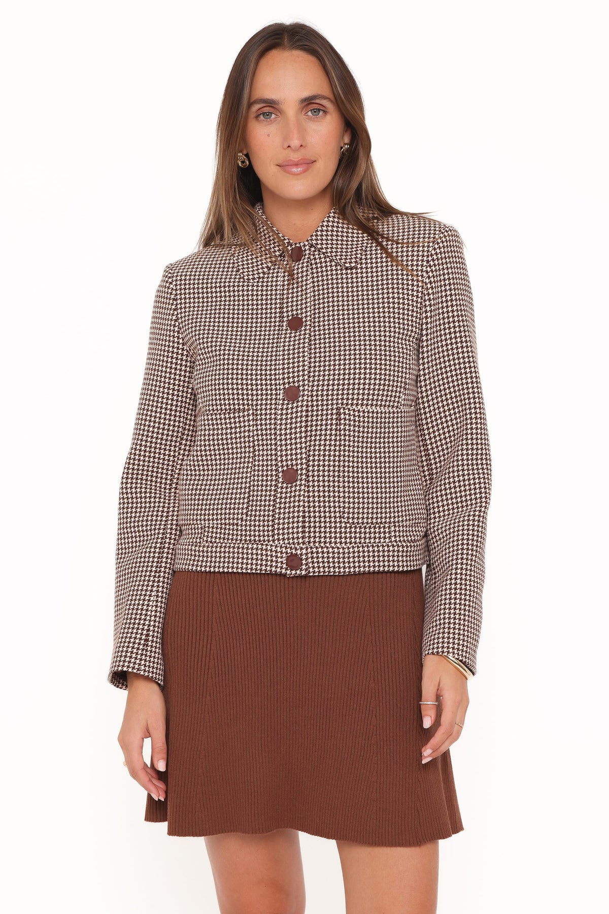 Crop Trucker Jacket - Brown Houndstooth