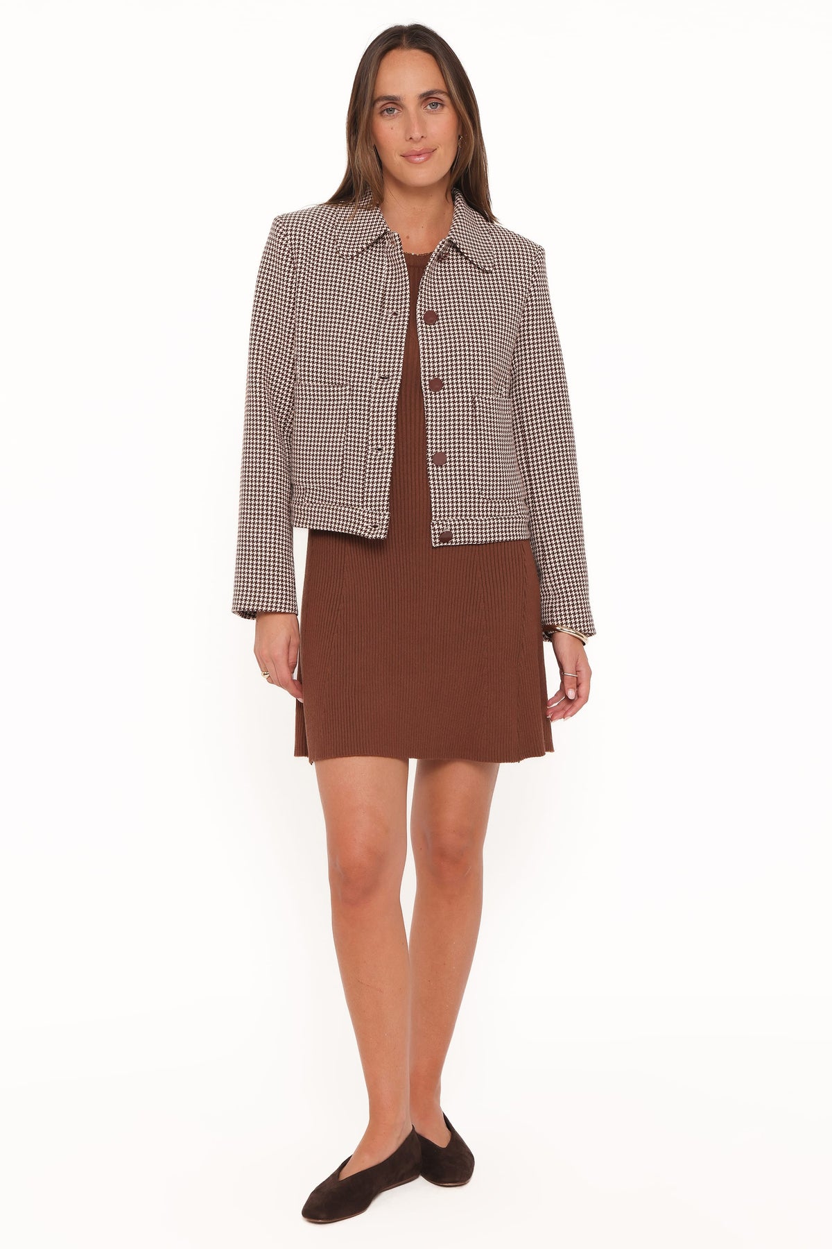 Crop Trucker Jacket - Brown Houndstooth