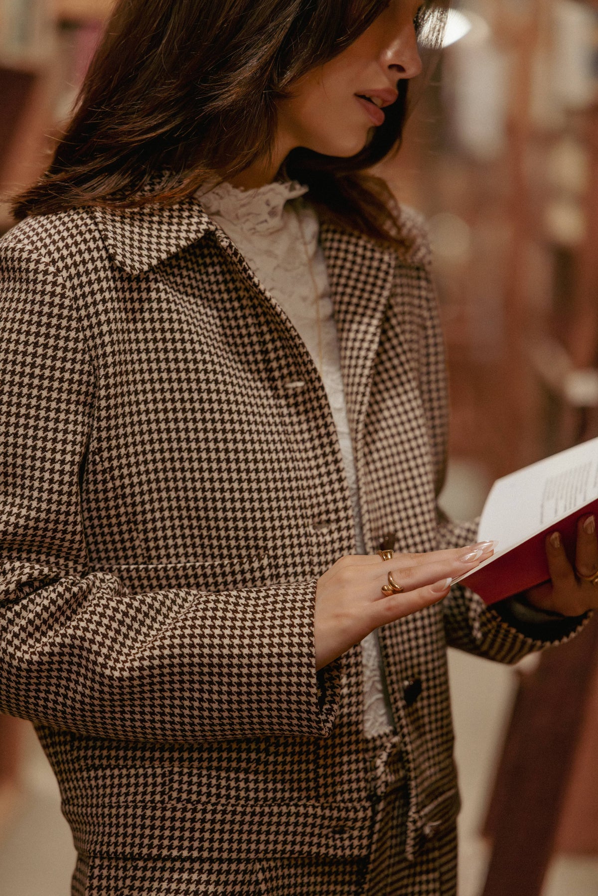 Crop Trucker Jacket - Brown Houndstooth