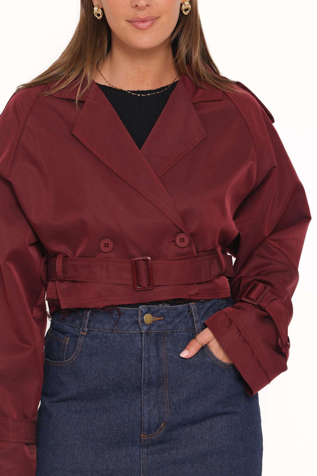 Crop Trench Jacket - Burgundy
