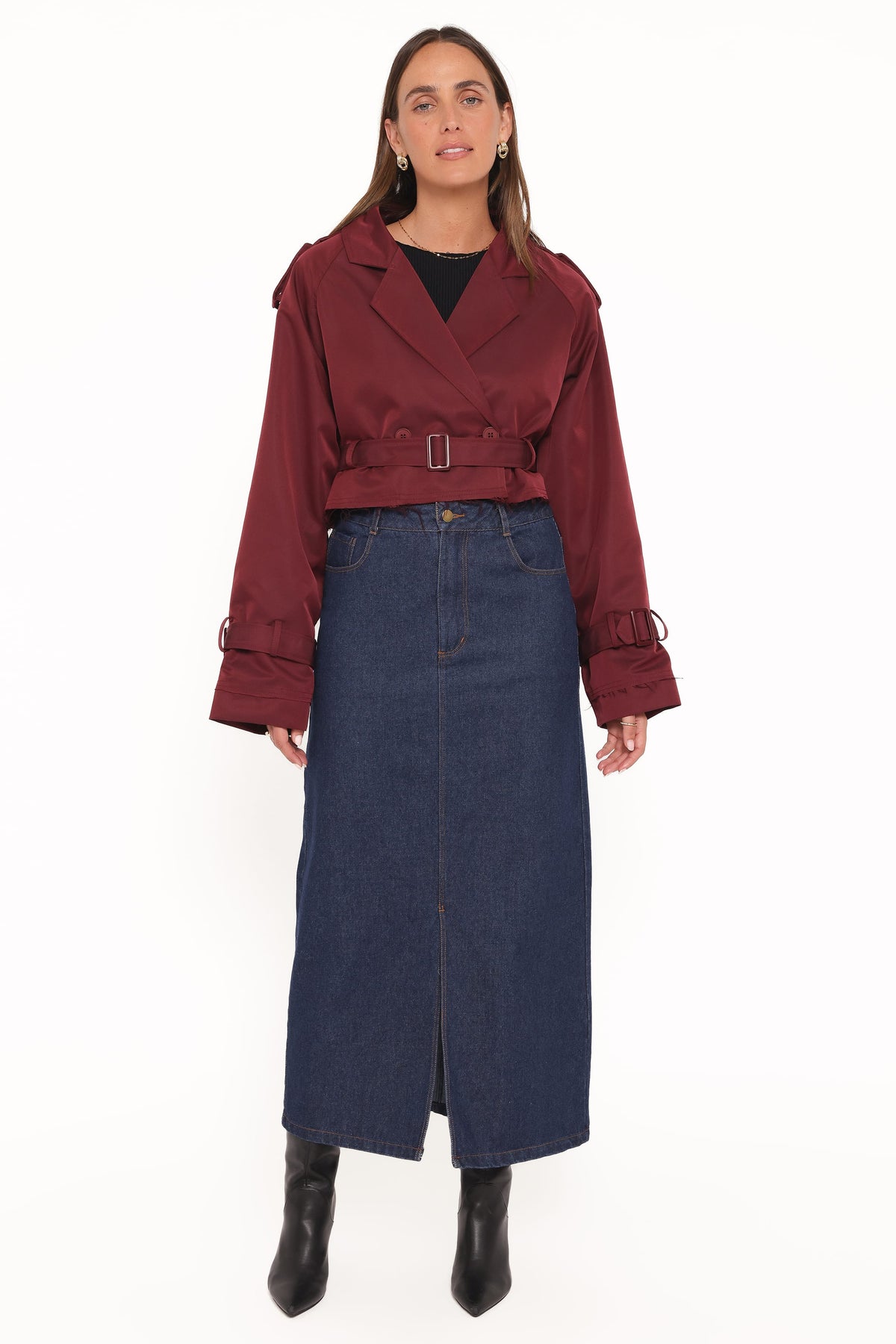 Crop Trench Jacket - Burgundy