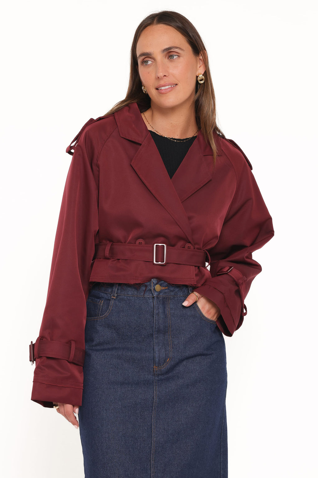 Crop Trench Jacket - Burgundy