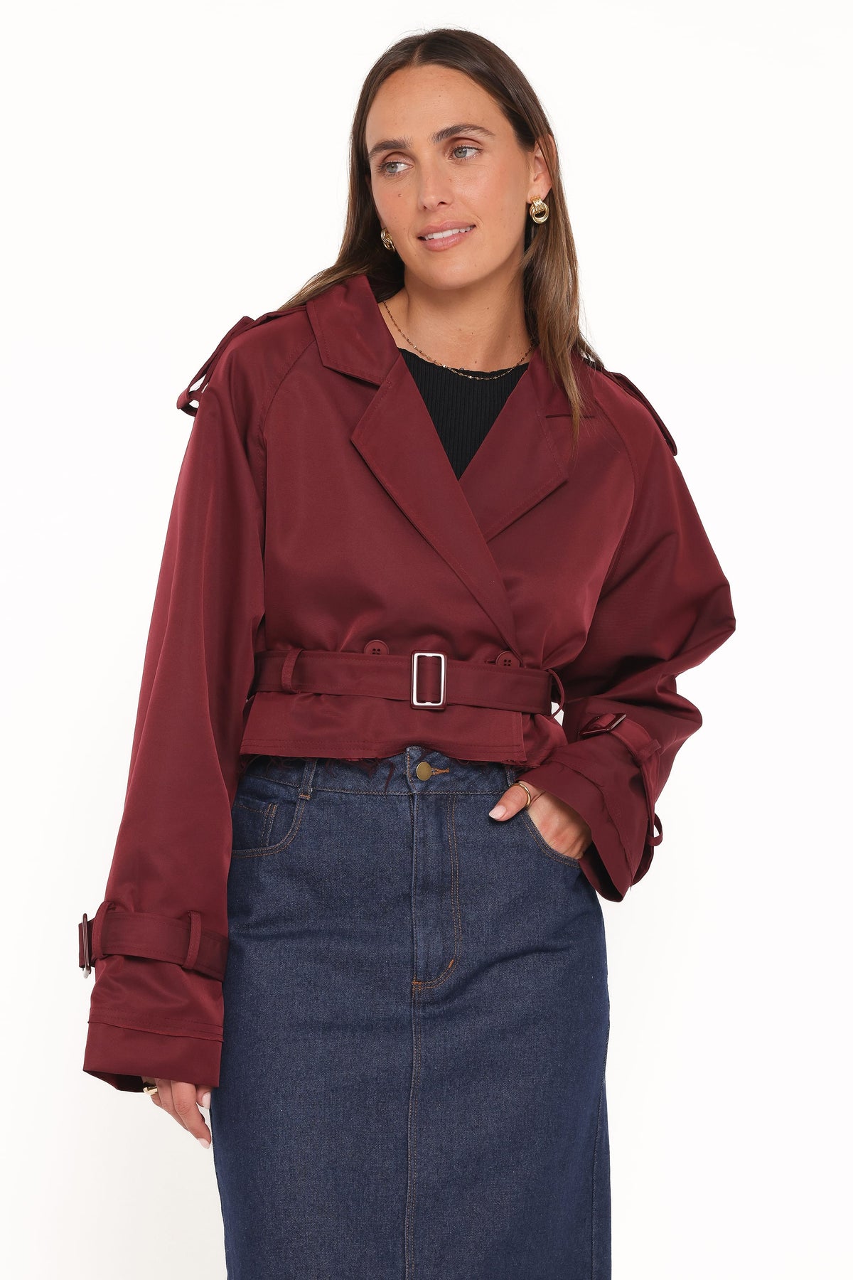 Crop Trench Jacket - Burgundy