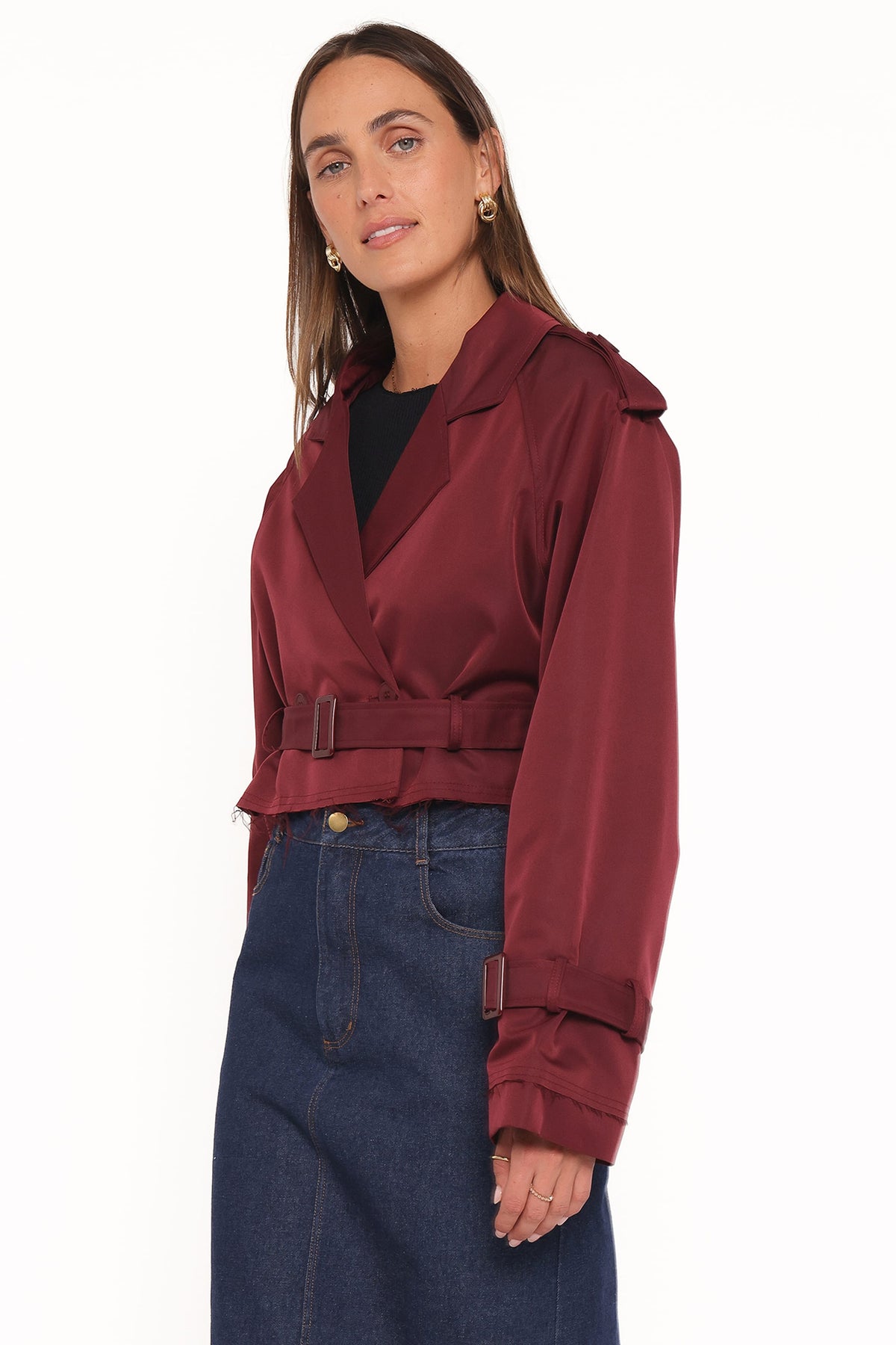 Crop Trench Jacket - Burgundy