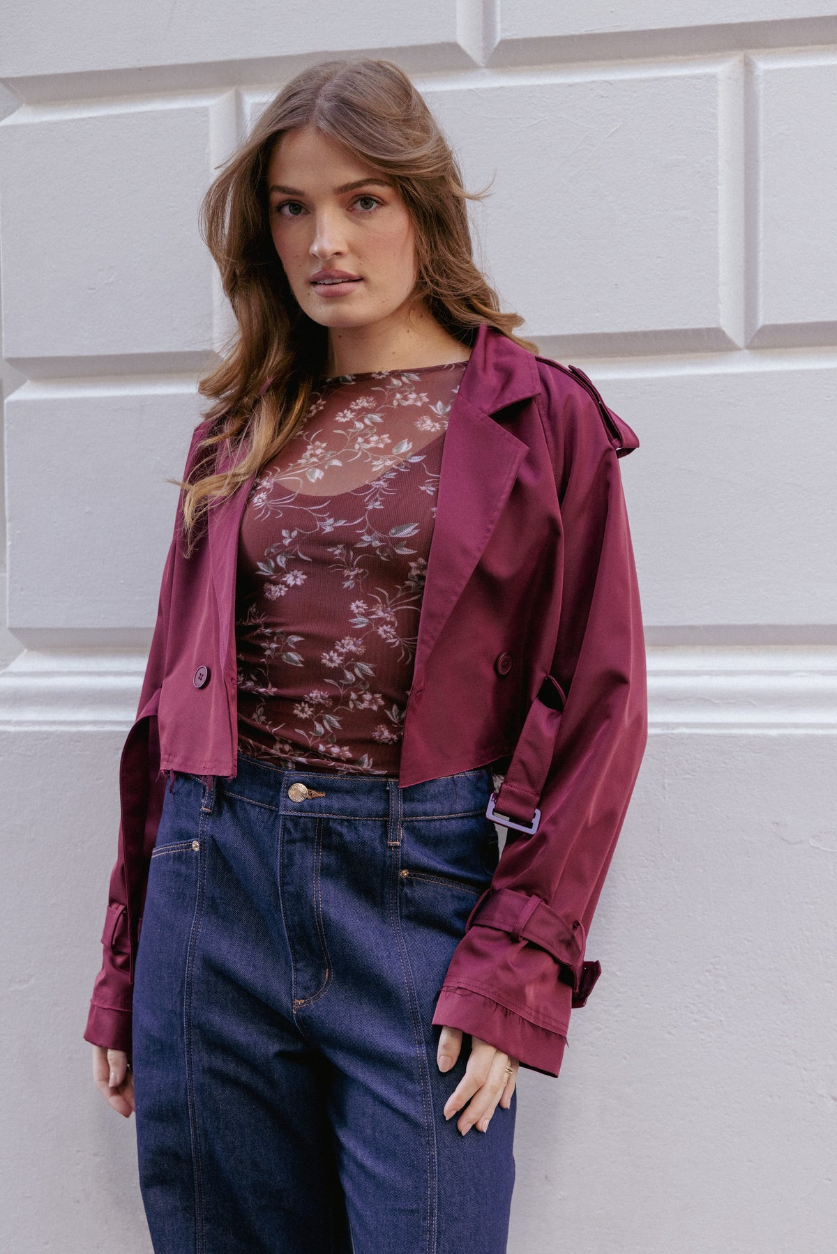 Crop Trench Jacket - Burgundy