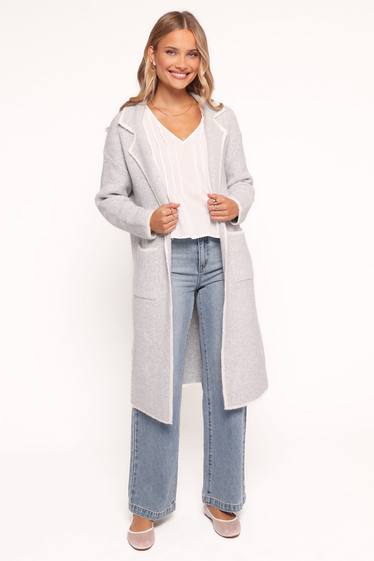 Contrast Trim Coatigan - Light Grey