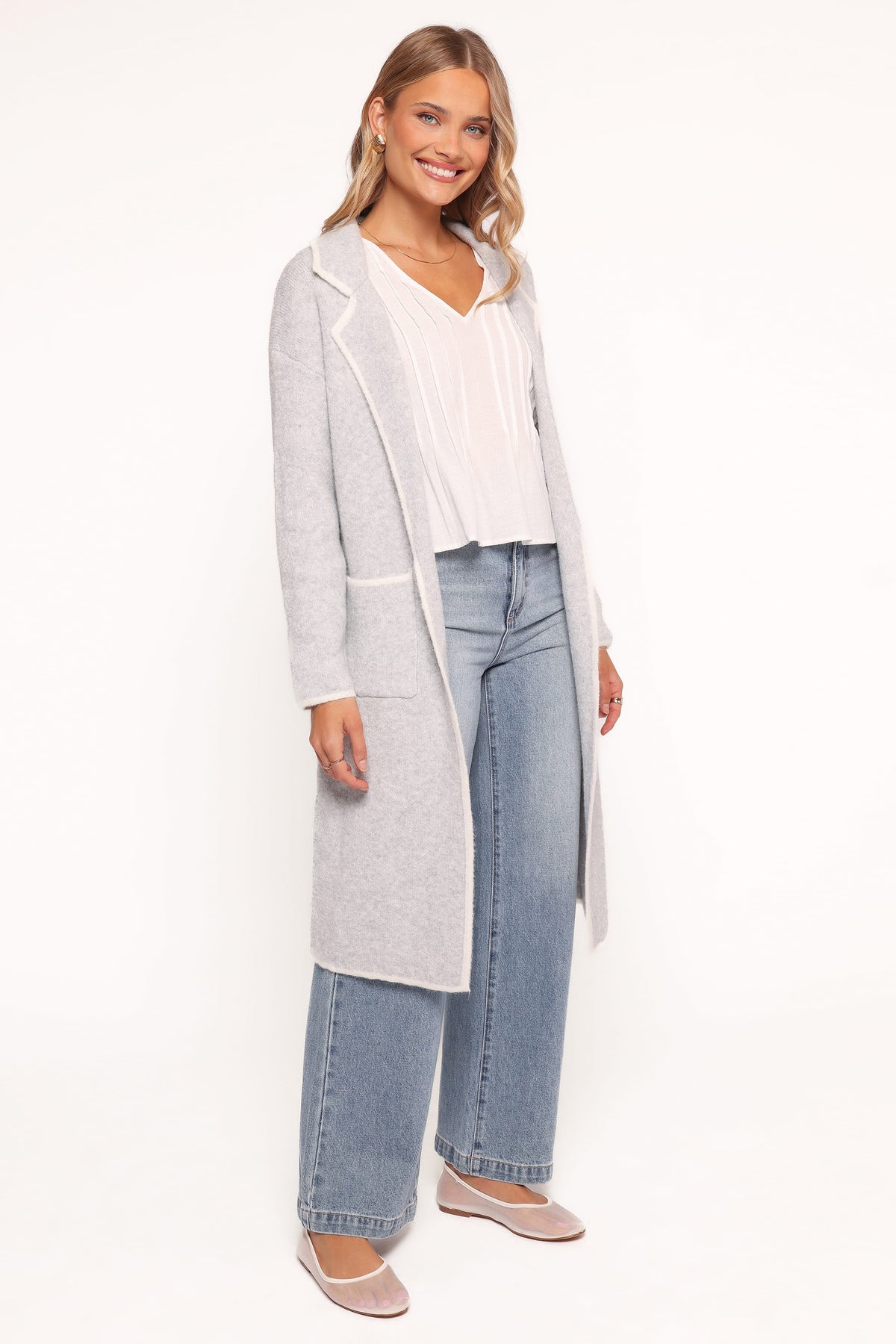 Contrast Trim Coatigan - Light Grey