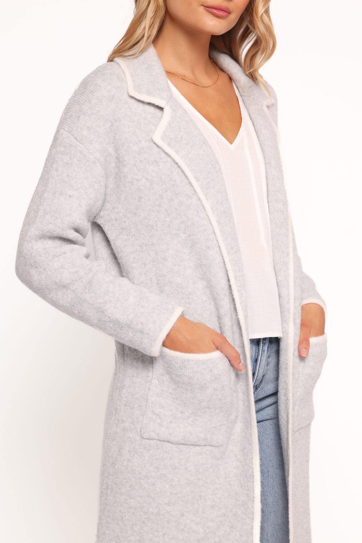 Contrast Trim Coatigan - Light Grey