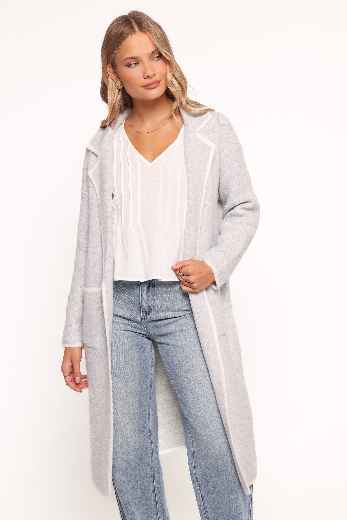 Contrast Trim Coatigan - Light Grey