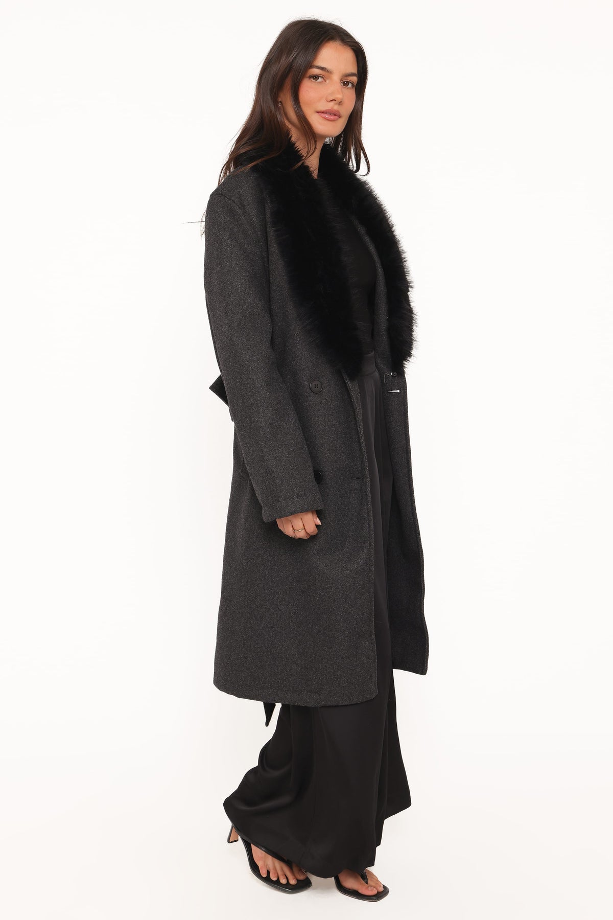 Fur Collar Tie Waist Coat - Charcoal