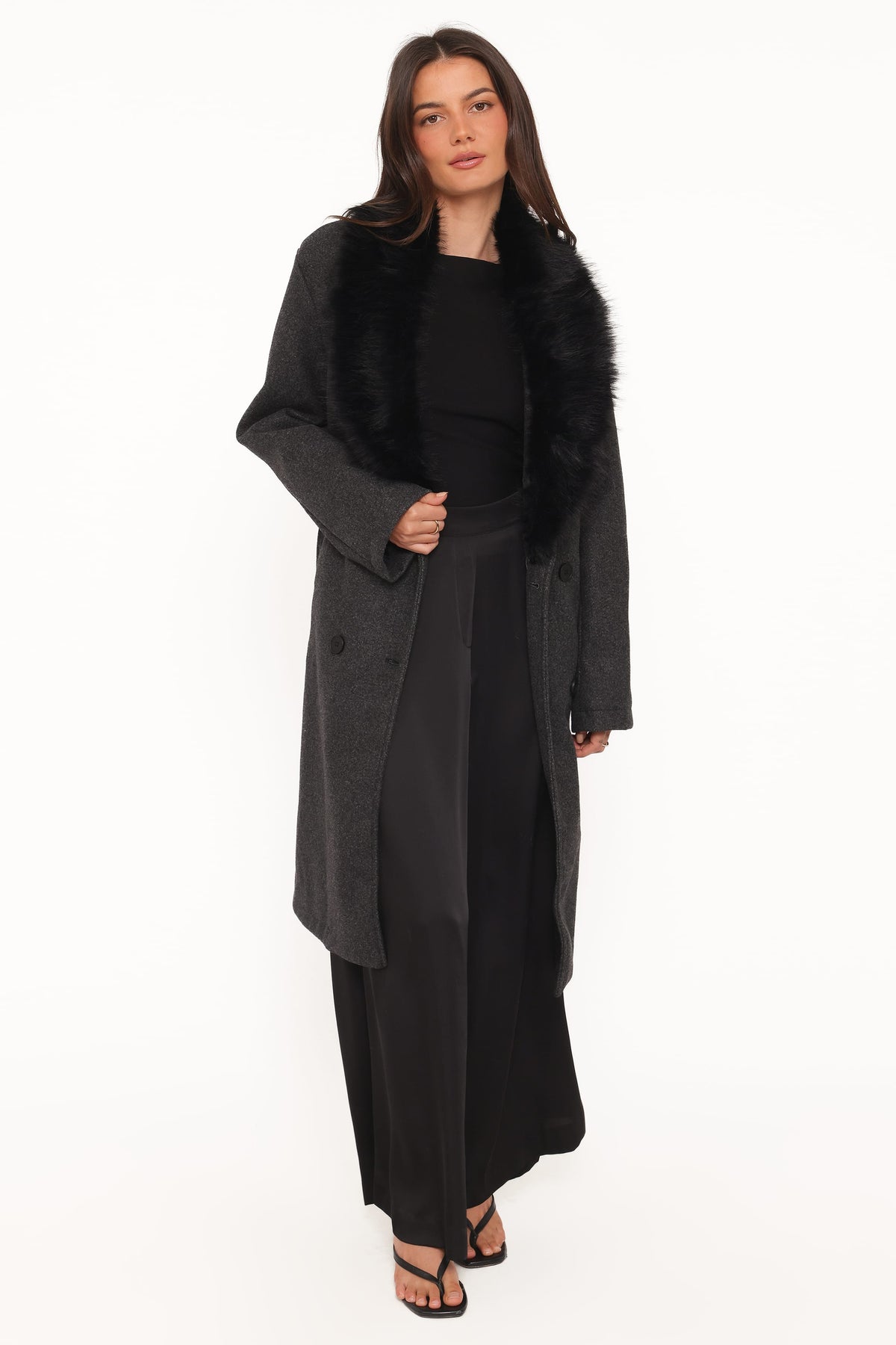 Fur Collar Tie Waist Coat - Charcoal