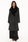 Fur Collar Tie Waist Coat - Charcoal