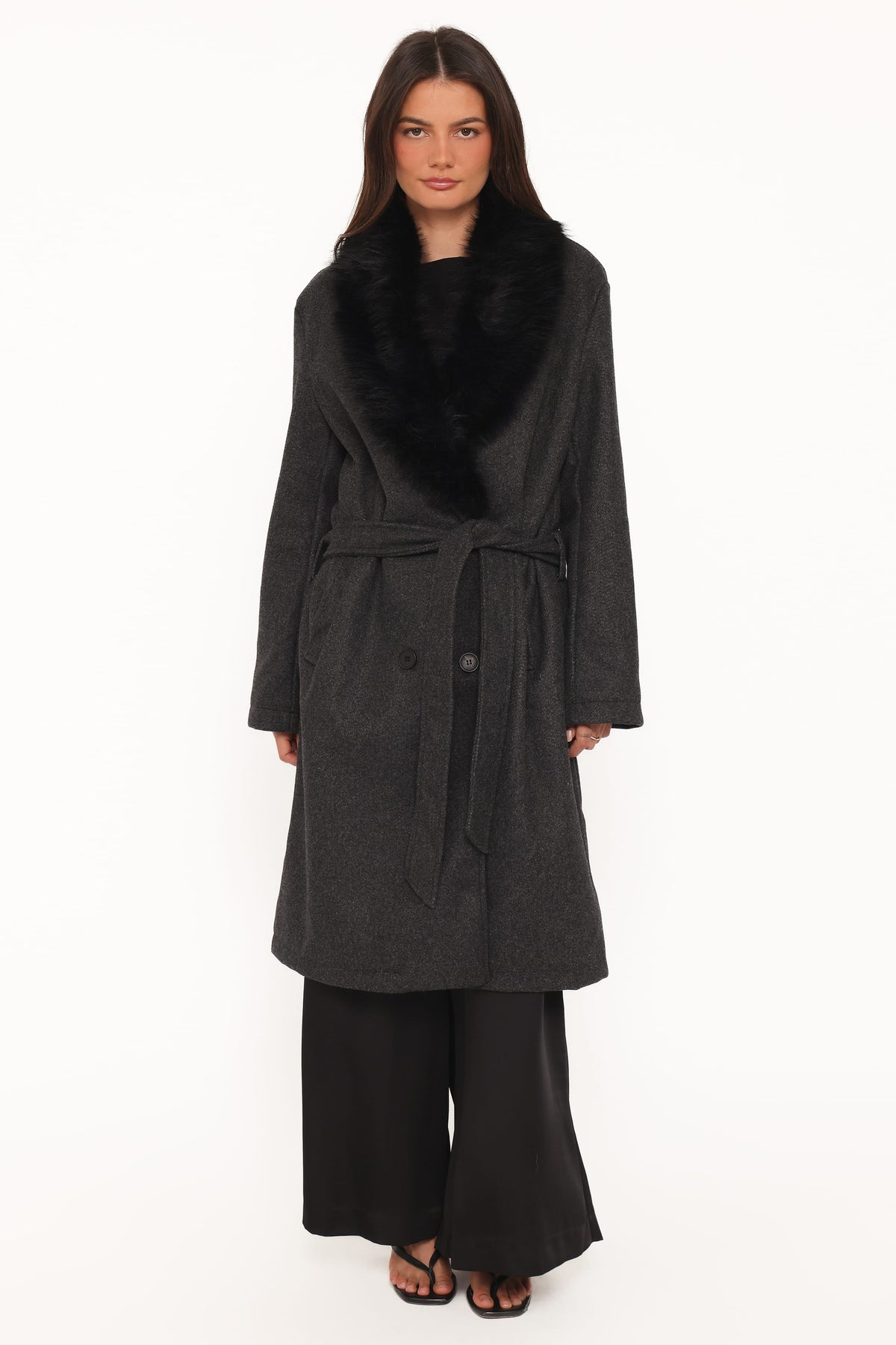 Fur Collar Tie Waist Coat - Charcoal