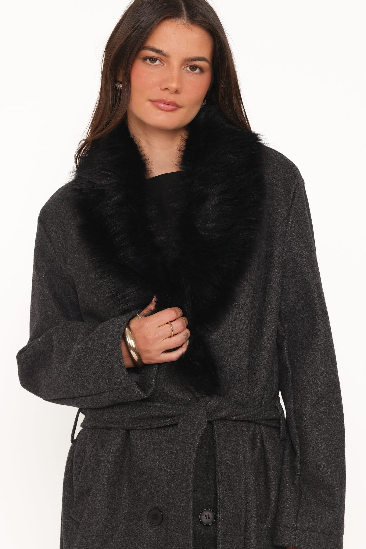 Fur Collar Tie Waist Coat - Charcoal