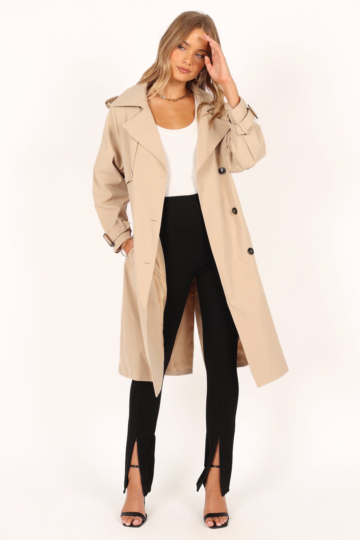 Button Front Trench Coat - Beige